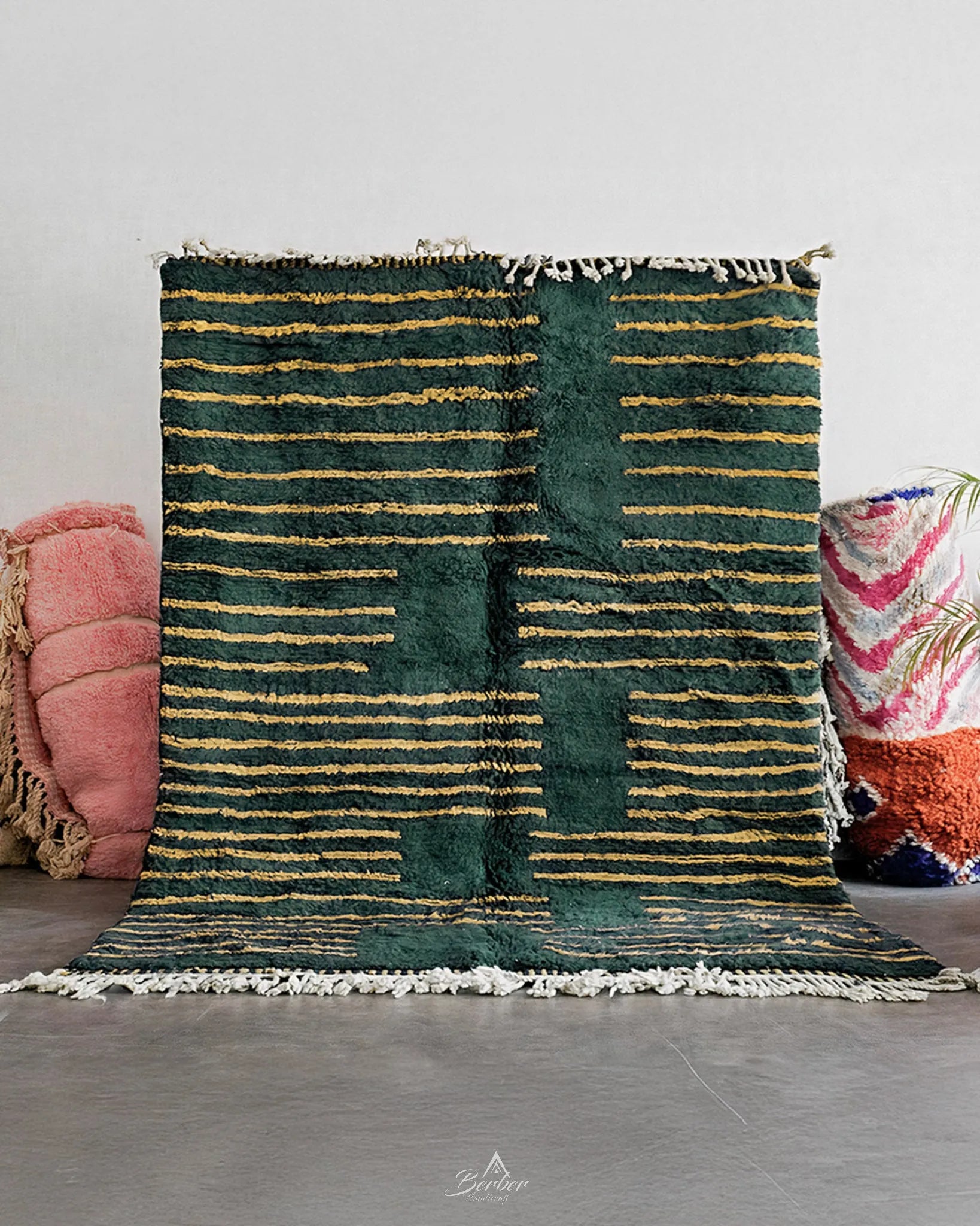 Green Yellow Berber Rug 3 X 5 Ft | 90 X 150 Cm / With Tassels / Short (0.4” / 1 cm)