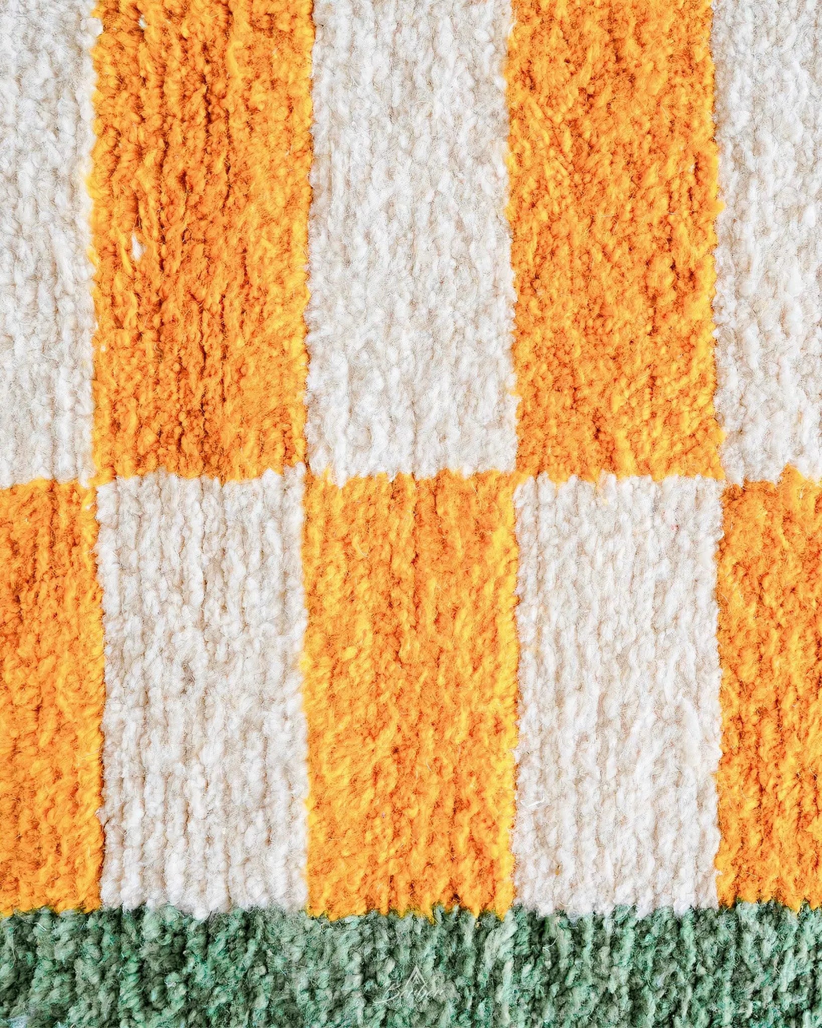 Green Yellow Checkered Rug 3 X 5 Ft | 90 X 150 Cm / With Tassels / Short (0.4” / 1 cm)