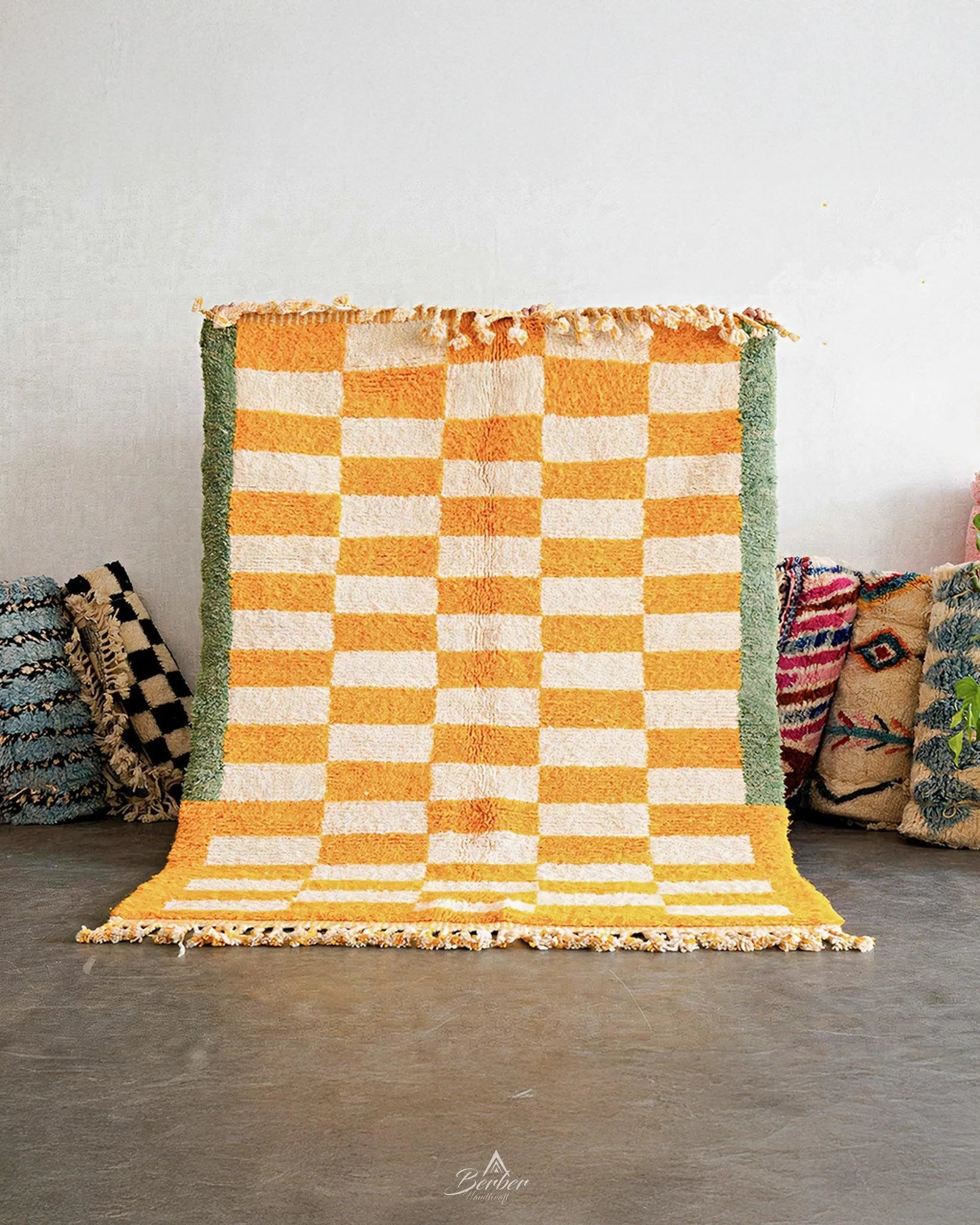 Green Yellow Checkered Rug 3 X 5 Ft | 90 X 150 Cm / With Tassels / Short (0.4” / 1 cm)