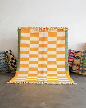 Green Yellow Checkered Rug 3 X 5 Ft | 90 X 150 Cm / With Tassels / Short (0.4” / 1 cm)