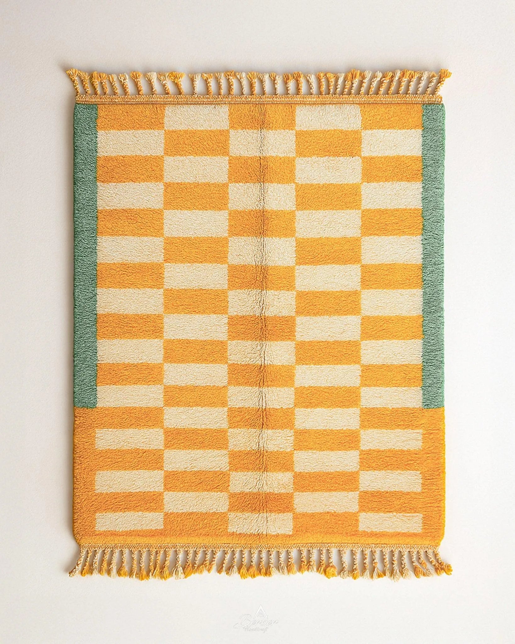 Green Yellow Checkered Rug 3 X 5 Ft | 90 X 150 Cm / With Tassels / Short (0.4” / 1 cm)