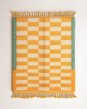 Green Yellow Checkered Rug 3 X 5 Ft | 90 X 150 Cm / With Tassels / Short (0.4” / 1 cm)
