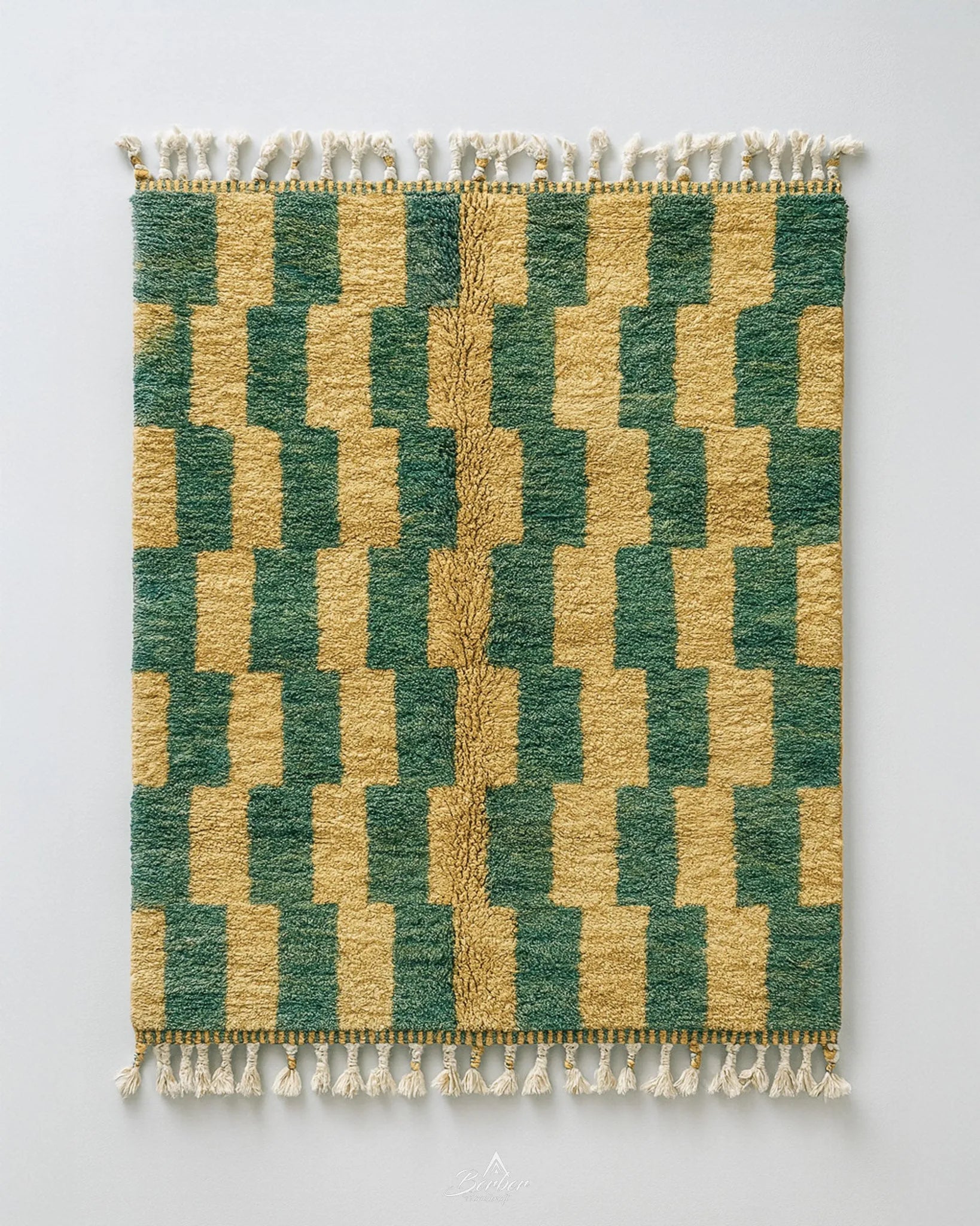Green Yellow Wool Rug 3 X 5 Ft | 90 X 150 Cm / With Tassels / Short (0.4” / 1 cm)