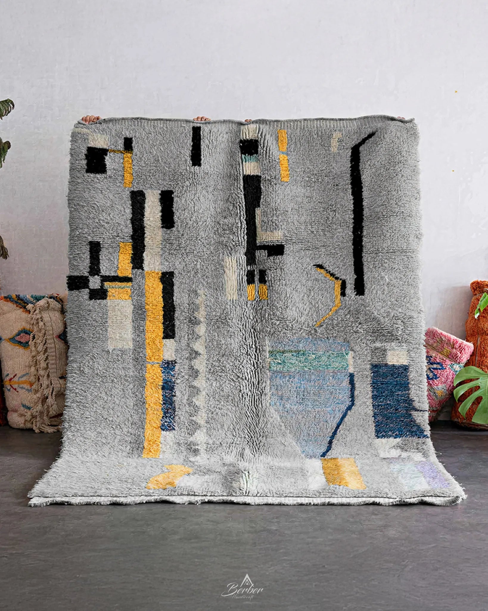 Grey Abstract Rug 3 X 5 Ft | 90 X 150 Cm / With Tassels / Short (0.4” / 1 cm)