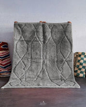 Grey Beni Ourain Area Rug 3 X 5 Ft | 90 X 150 Cm / With Tassels / Short (0.4” / 1 cm)