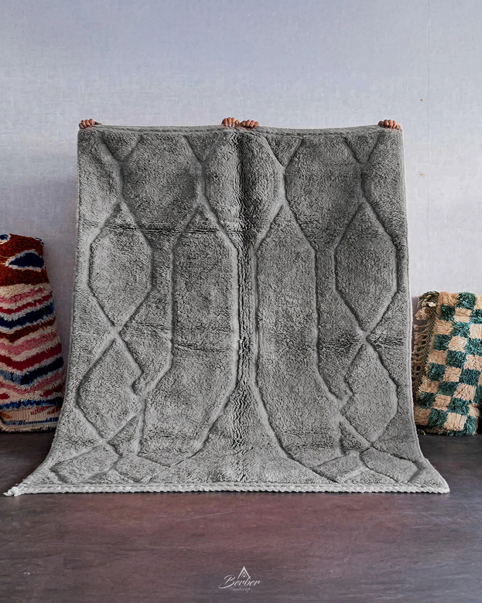 Grey Beni Ourain Area Rug 3 X 5 Ft | 90 X 150 Cm / With Tassels / Short (0.4” / 1 cm)