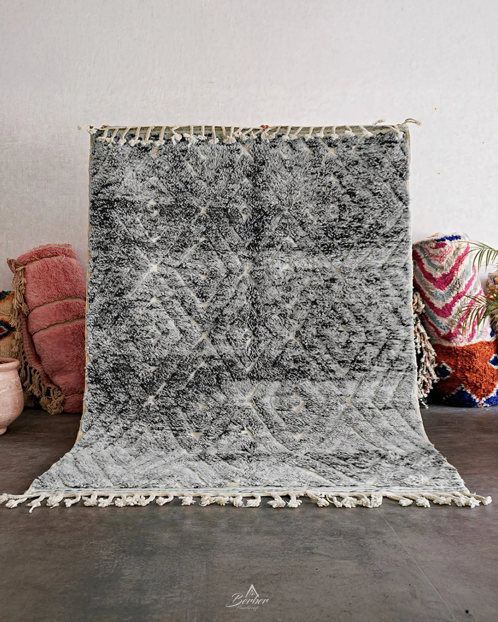 Grey Beni Rug 3 X 5 Ft | 90 X 150 Cm / With Tassels / Short (0.4” / 1 cm)