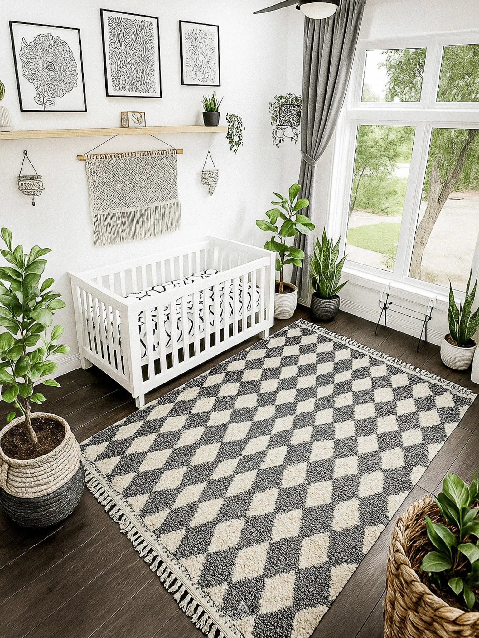 Grey Checkered Moroccan Rug 3 X 5 Ft | 90 X 150 Cm / With Tassels / Short (0.4” / 1 cm)