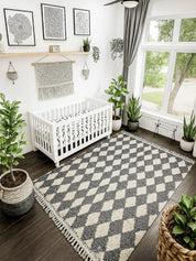 Grey Checkered Moroccan Rug 3 X 5 Ft | 90 X 150 Cm / With Tassels / Short (0.4” / 1 cm)