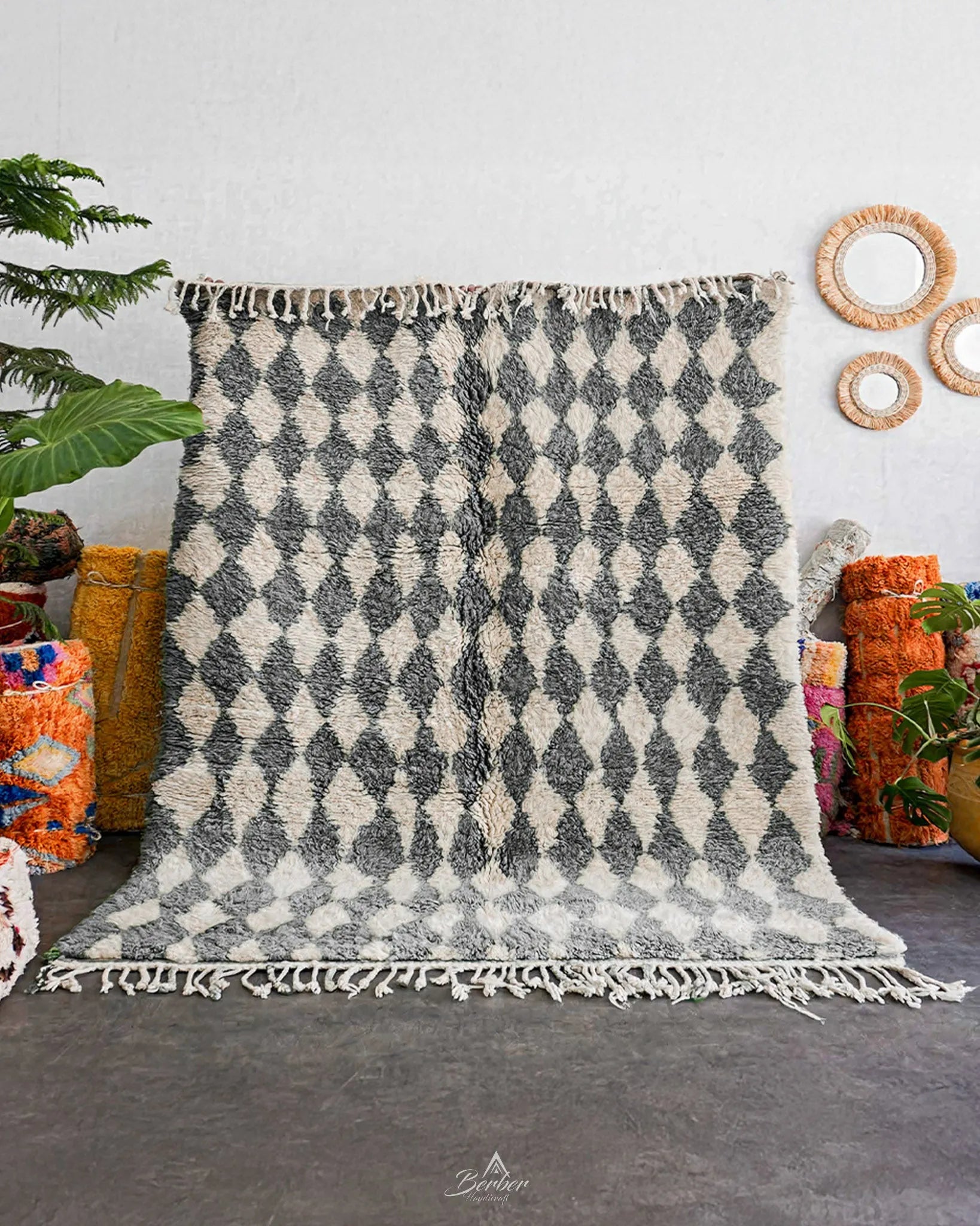 Grey Checkered Moroccan Rug 3 X 5 Ft | 90 X 150 Cm / With Tassels / Short (0.4” / 1 cm)
