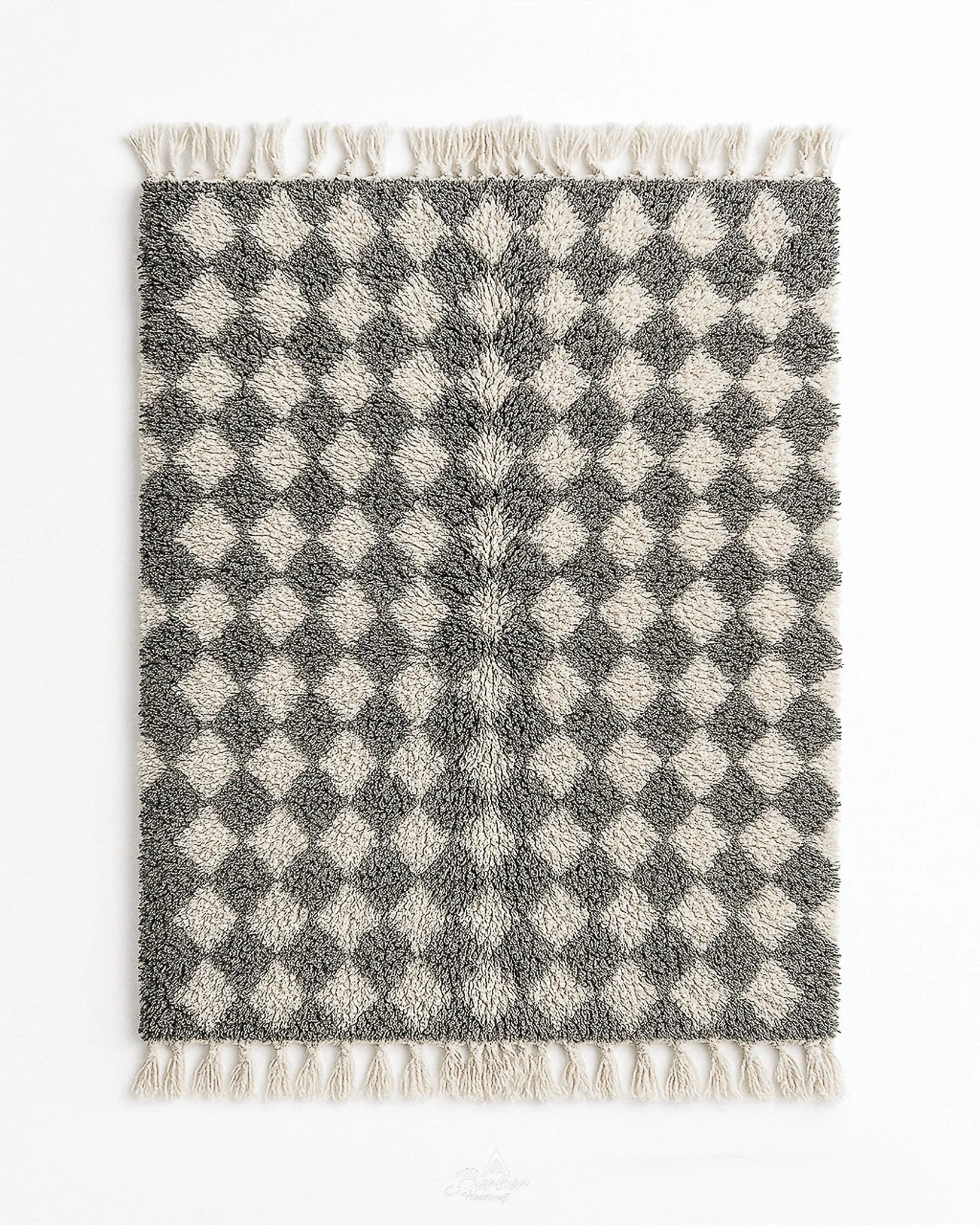Grey Checkered Moroccan Rug 3 X 5 Ft | 90 X 150 Cm / With Tassels / Short (0.4” / 1 cm)