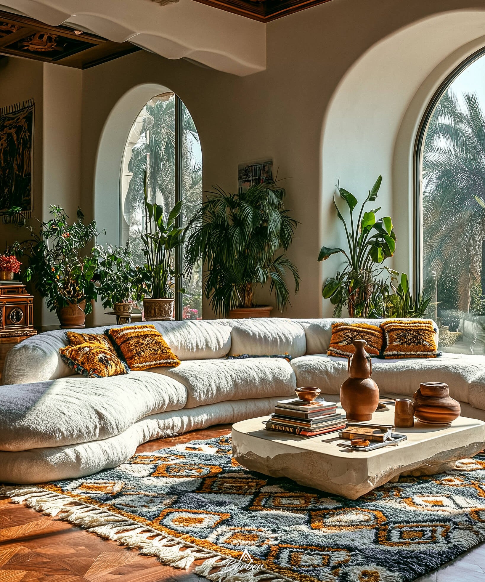 Living room with handmade Moroccan rug with grey geometric pattern, sectional sofa, decorative pillows, and a coffee table with books and vases.