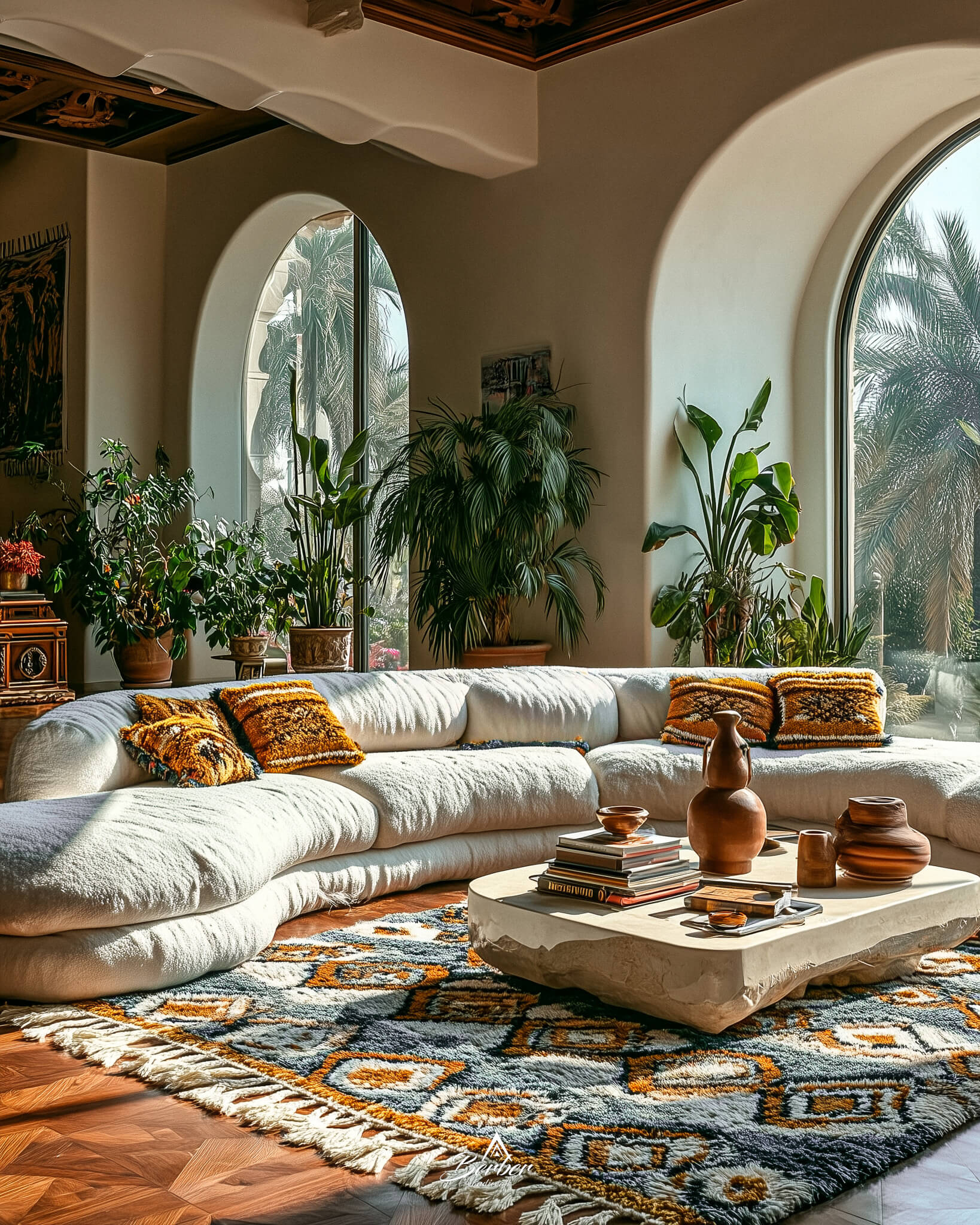 Living room with handmade Moroccan rug with grey geometric pattern, sectional sofa, decorative pillows, and a coffee table with books and vases.