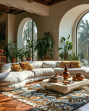 Living room with handmade Moroccan rug with grey geometric pattern, sectional sofa, decorative pillows, and a coffee table with books and vases.