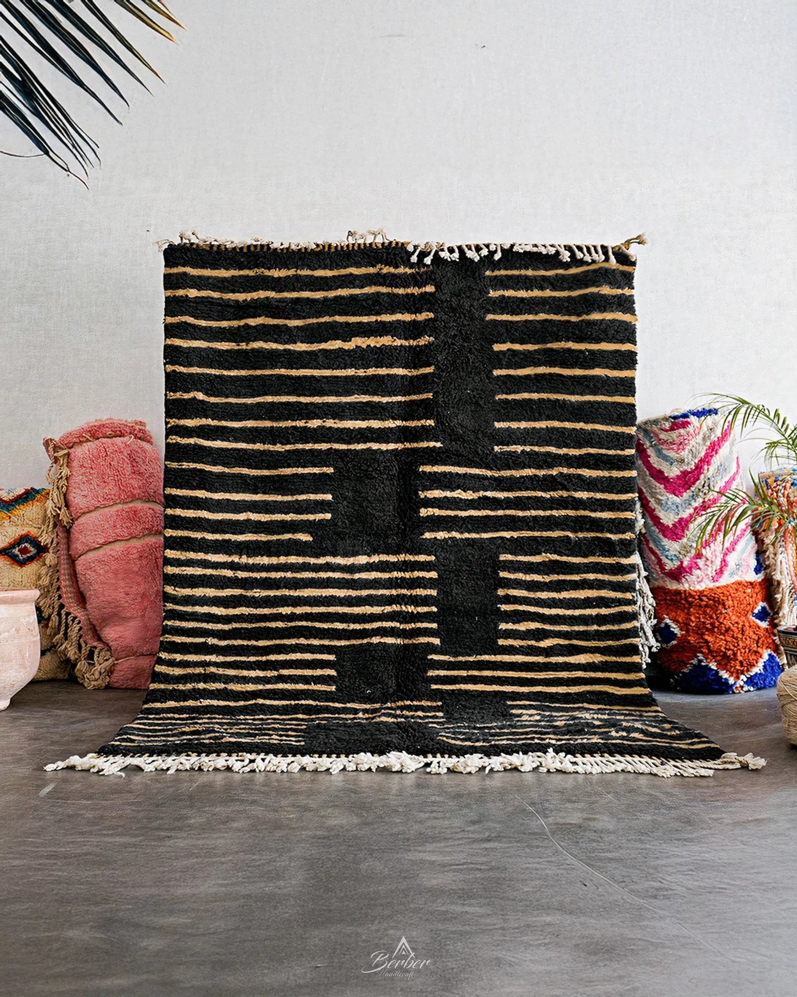 Handmade Black Berber Rug 3 X 5 Ft | 90 X 150 Cm / With Tassels / Short (0.4” / 1 cm)