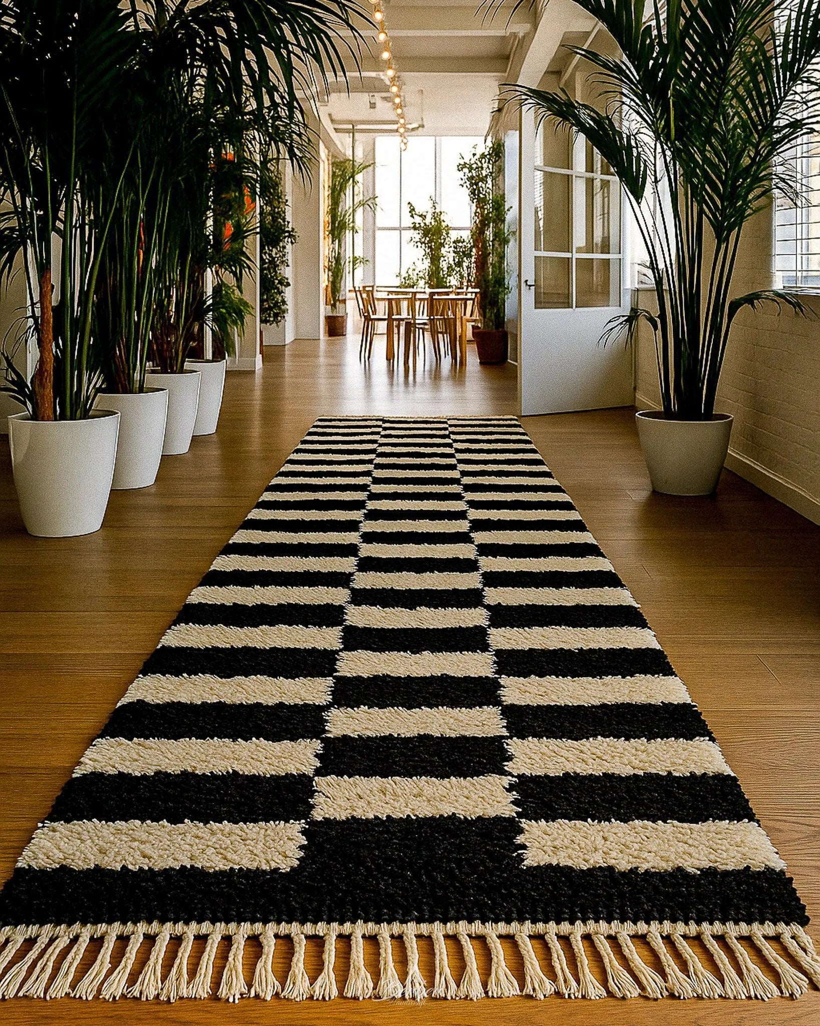 Handmade Checkered Runner 2 X 6 Ft | 60 X 180 Cm / With Tassels / Short (0.4” / 1 cm)