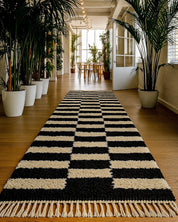 Handmade Checkered Runner 2 X 6 Ft | 60 X 180 Cm / With Tassels / Short (0.4” / 1 cm)