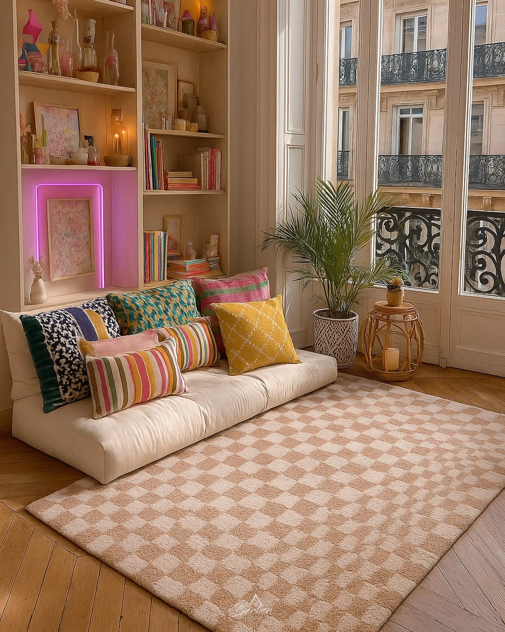 Handmade Peach Checkered Rug 3 X 5 Ft | 90 X 150 Cm / With Tassels / Short (0.4” / 1 cm)