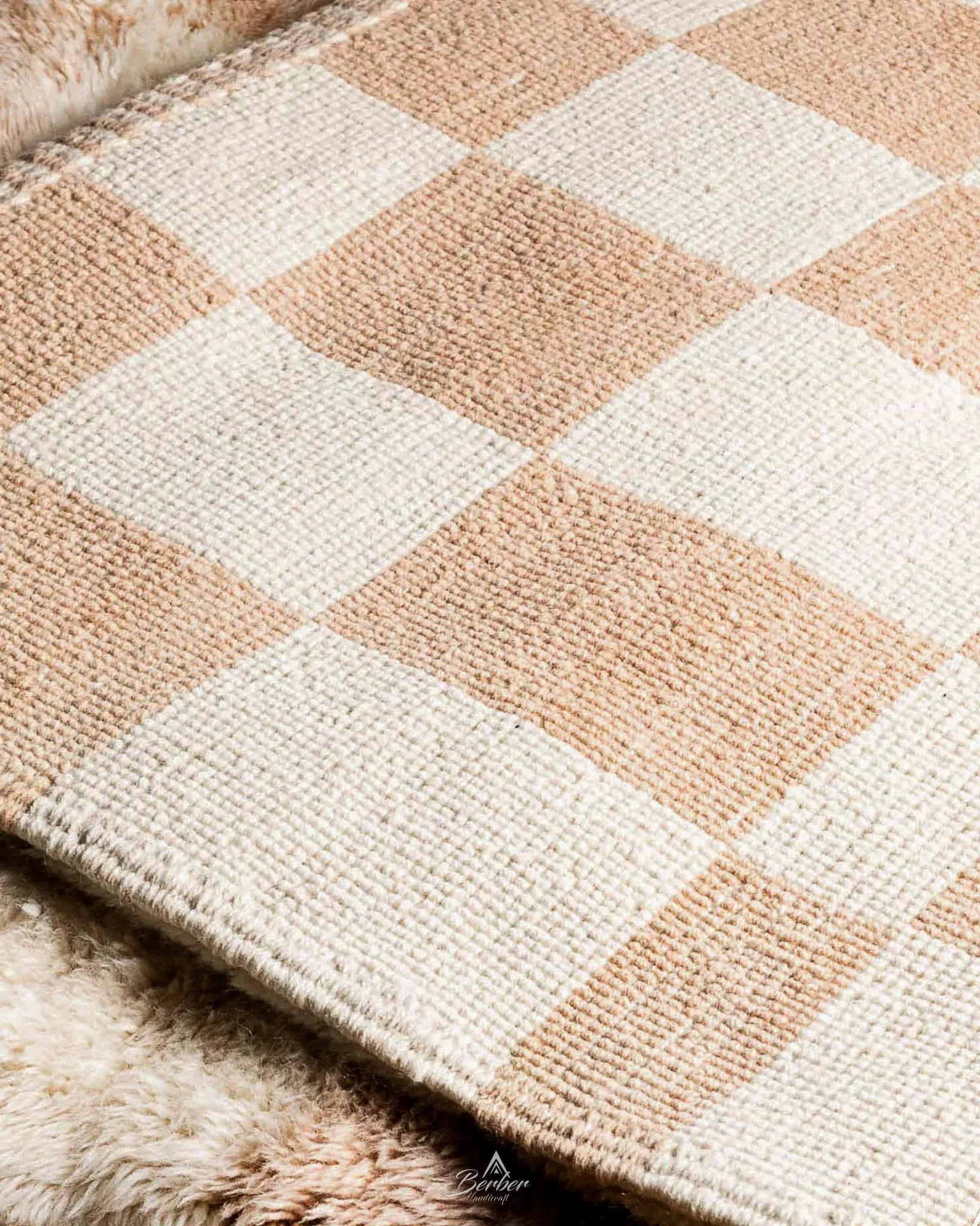 Handmade Peach Checkered Rug 3 X 5 Ft | 90 X 150 Cm / With Tassels / Short (0.4” / 1 cm)