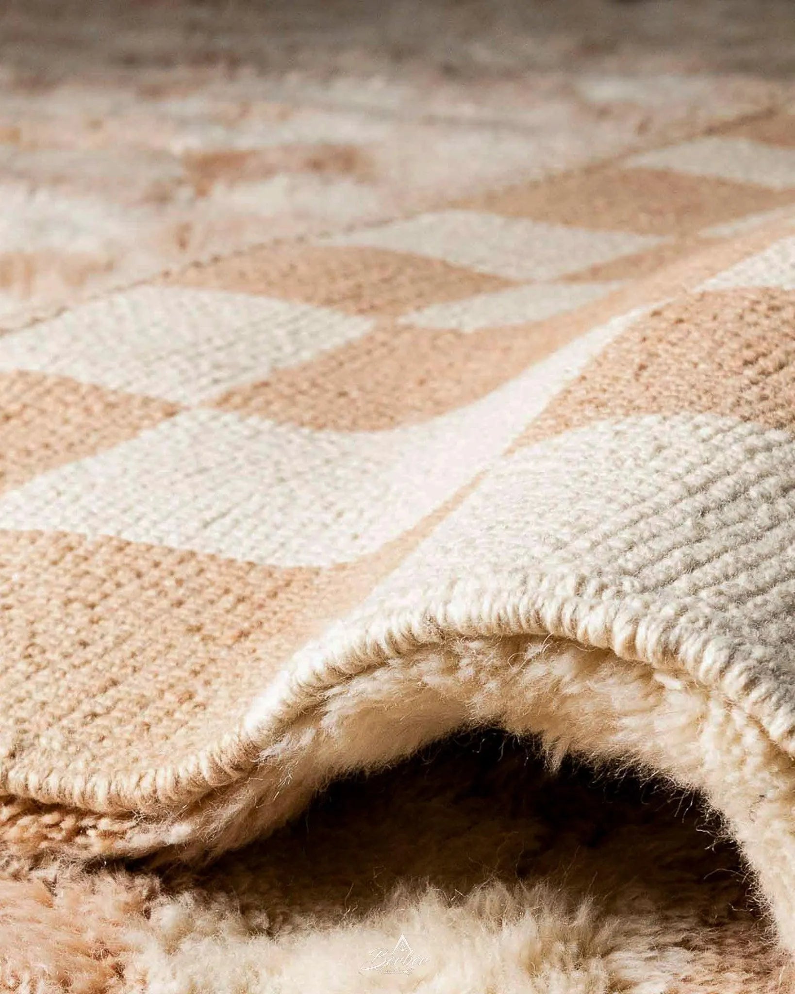 Handmade Peach Checkered Rug 3 X 5 Ft | 90 X 150 Cm / With Tassels / Short (0.4” / 1 cm)