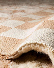 Handmade Peach Checkered Rug 3 X 5 Ft | 90 X 150 Cm / With Tassels / Short (0.4” / 1 cm)