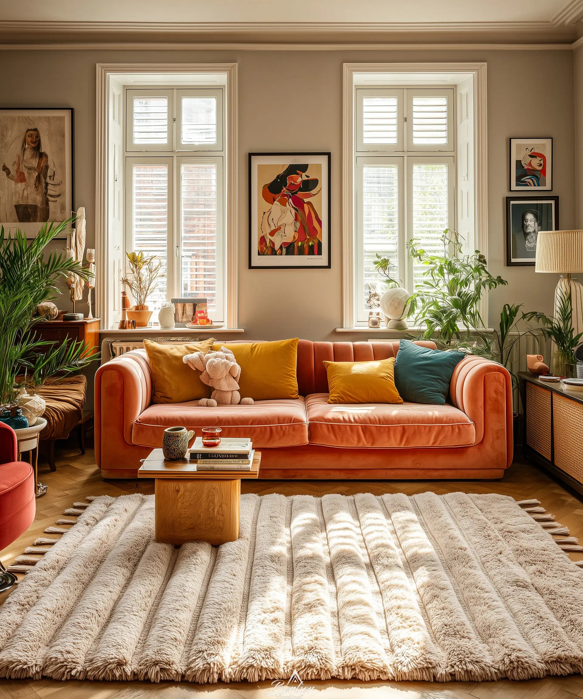 Cozy living room with Moroccan wool rug, an orange sofa, colorful cushions, and a wooden coffee table.