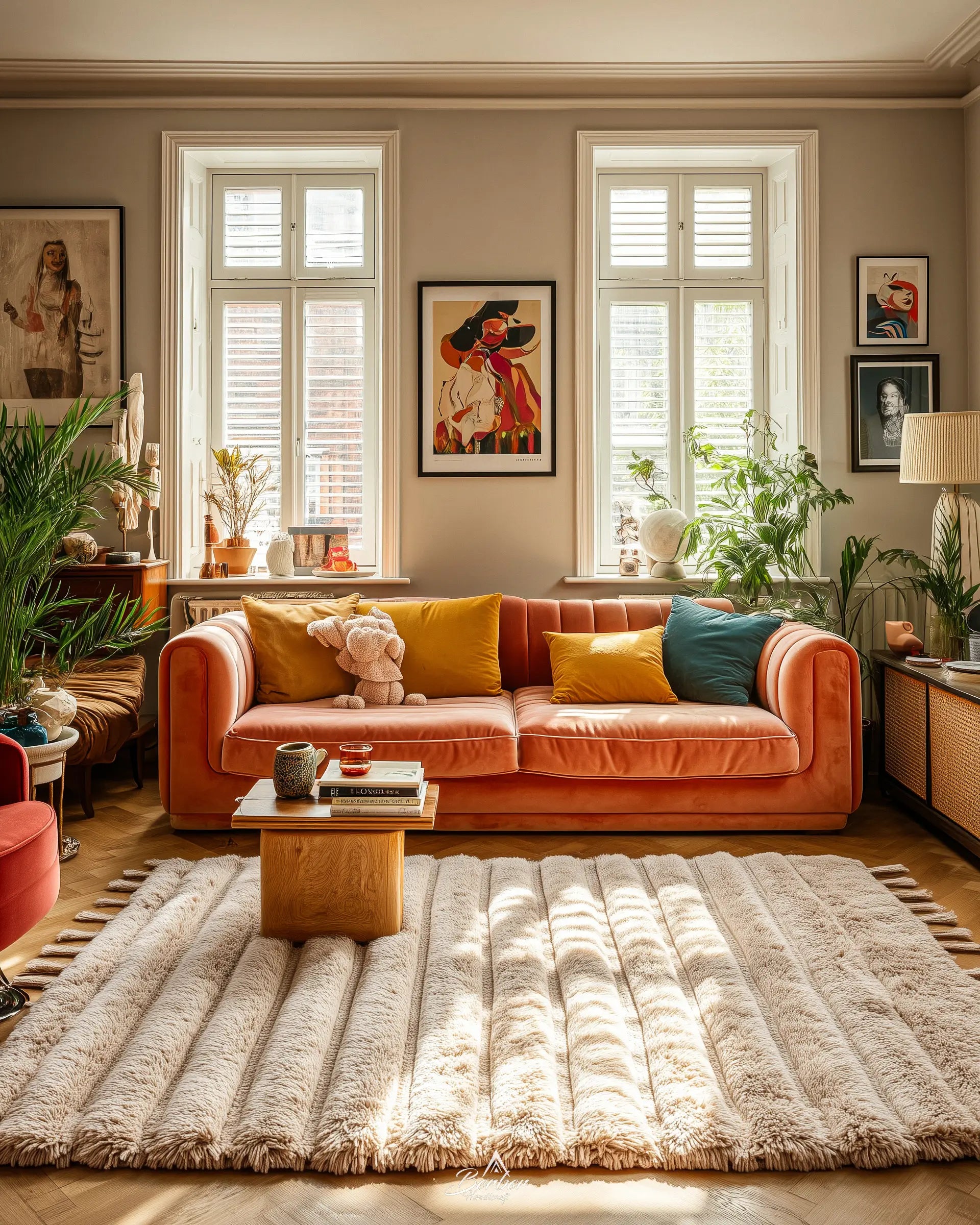Cozy living room with Moroccan wool rug, an orange sofa, colorful cushions, and a wooden coffee table.