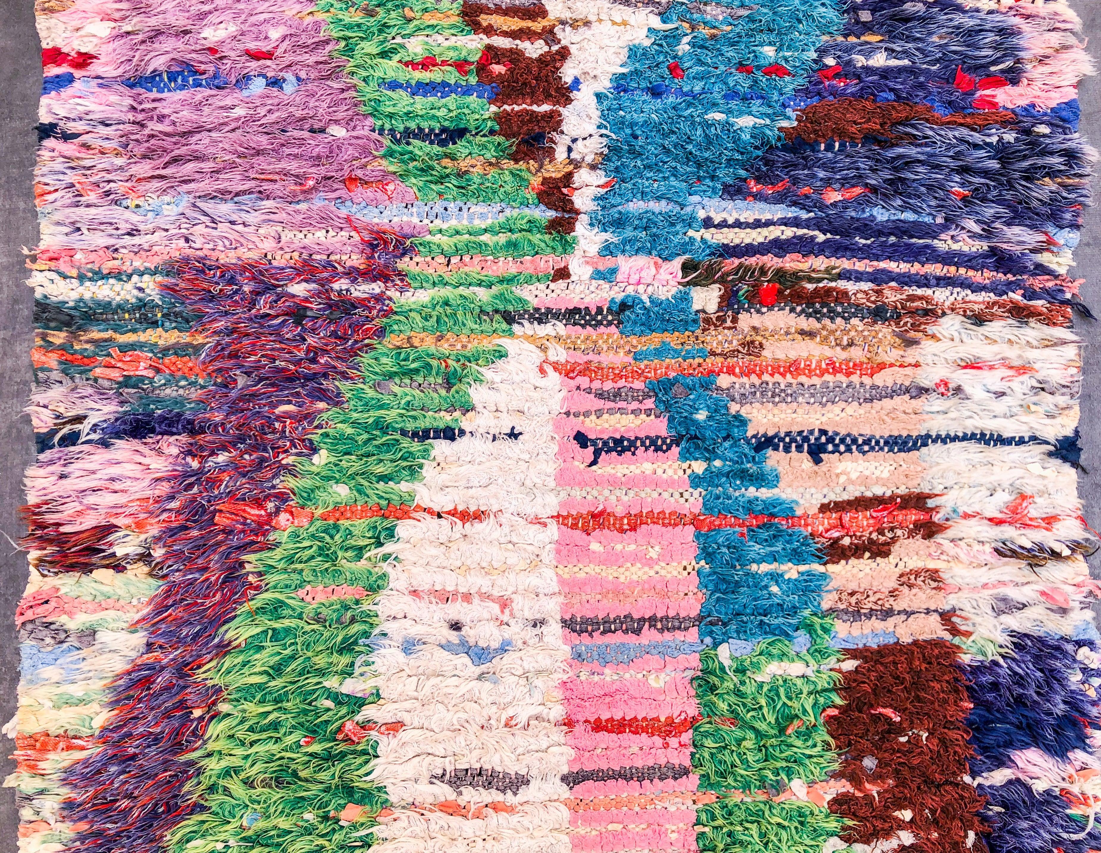 Blue Purple Boucherouite runner rug-Berber Handicraft