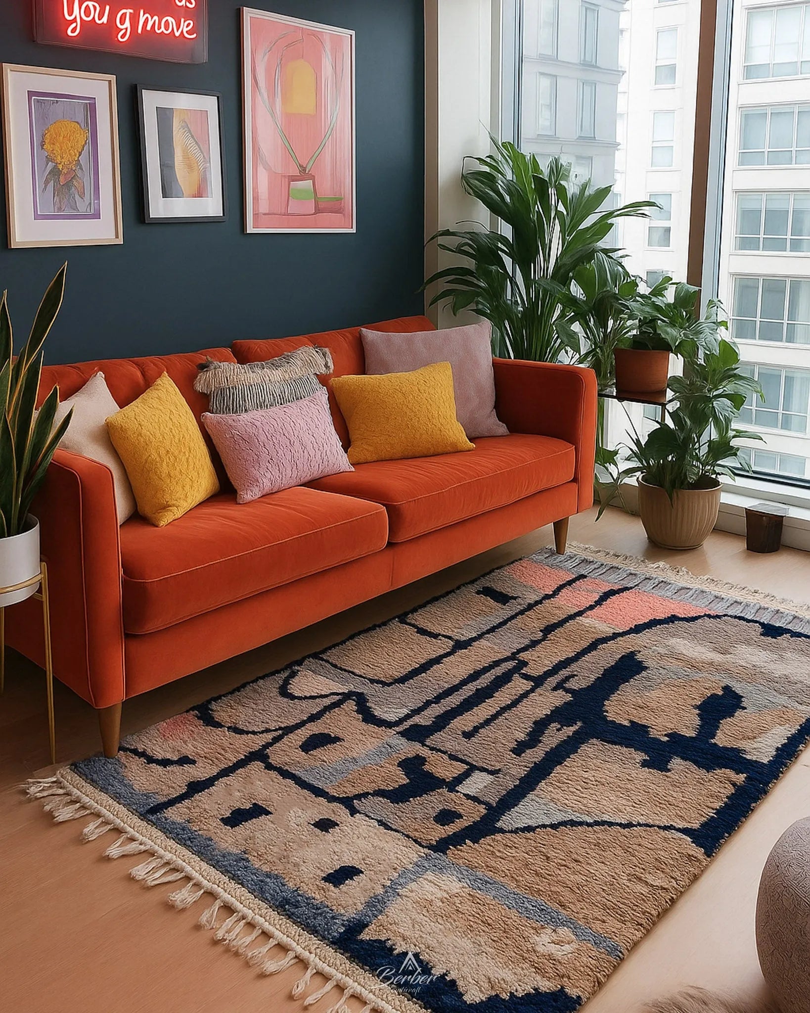 Moroccan Abstract Rug 3 X 5 Ft | 90 X 150 Cm / With Tassels / Short (0.4” / 1 cm)
