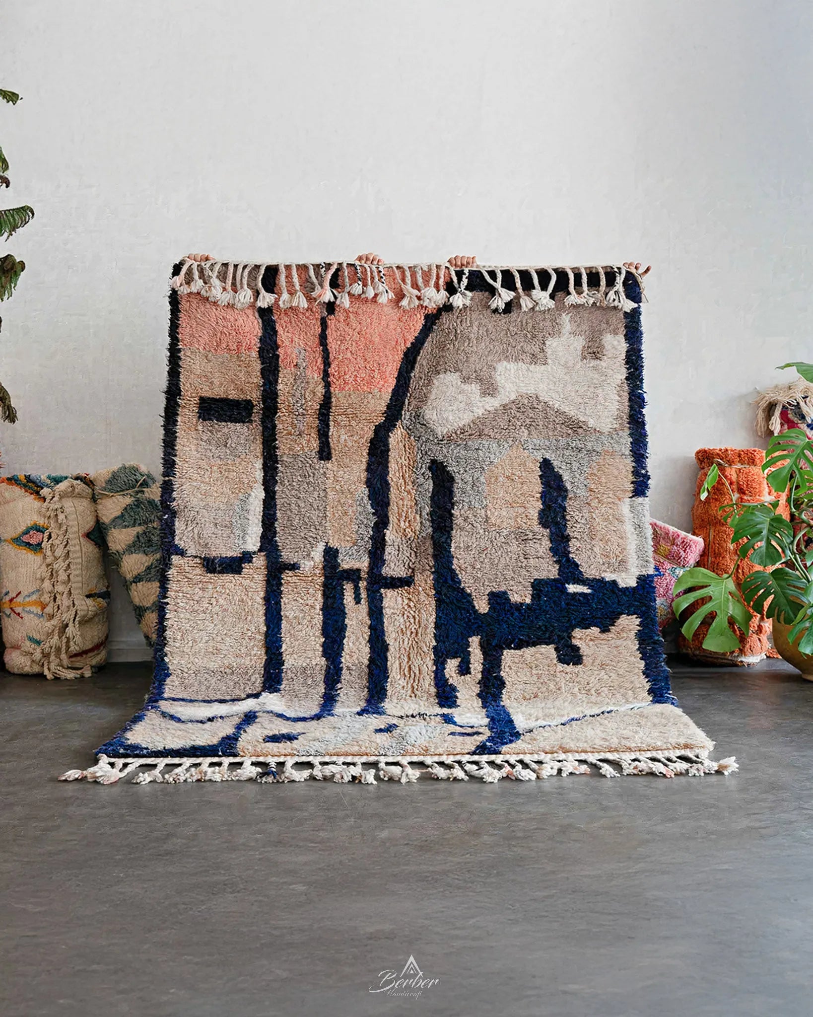 Moroccan Abstract Rug 3 X 5 Ft | 90 X 150 Cm / With Tassels / Short (0.4” / 1 cm)