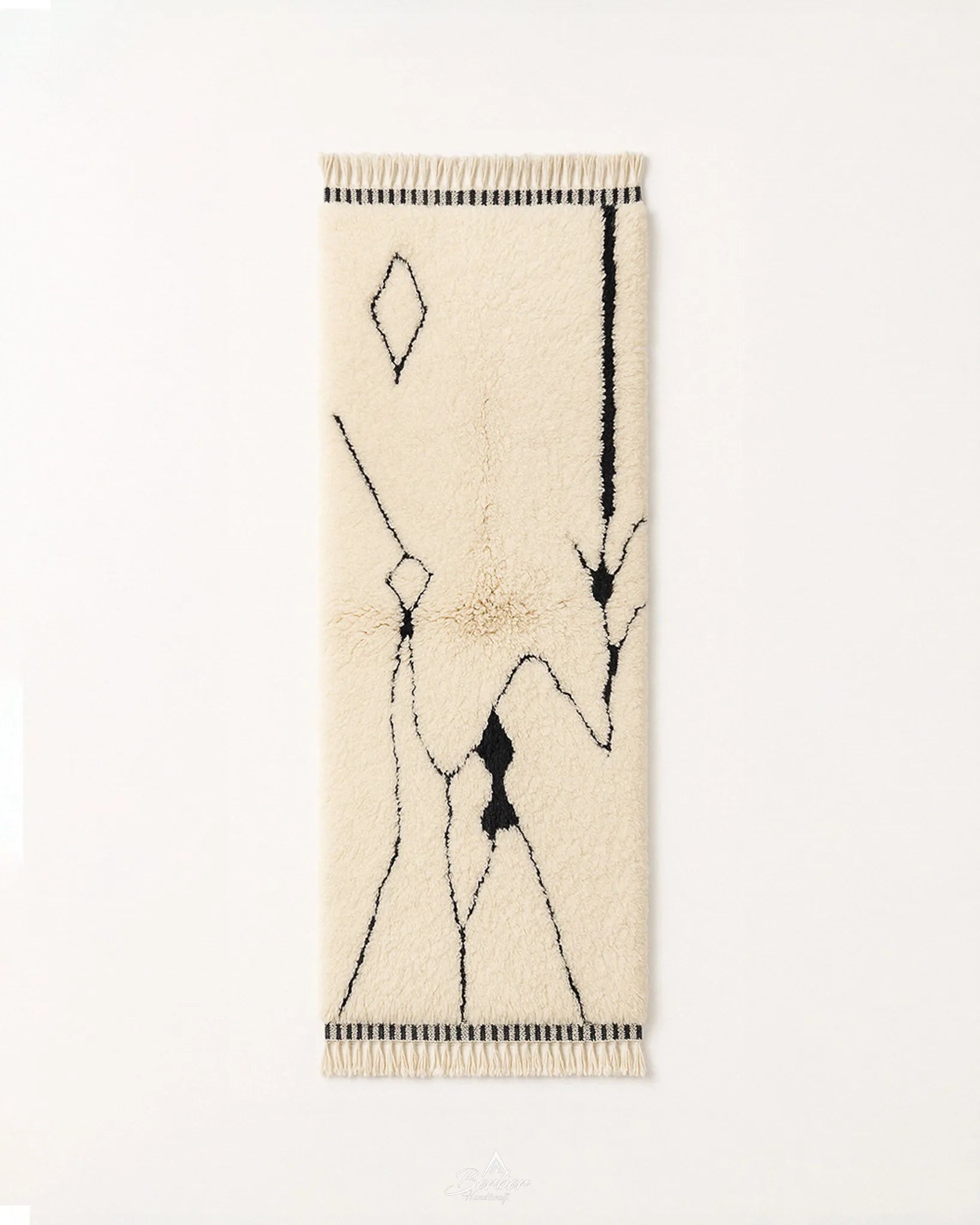 Moroccan Wool Runner 2 X 6 Ft | 60 X 180 Cm / With Tassels / Short (0.4” / 1 cm)