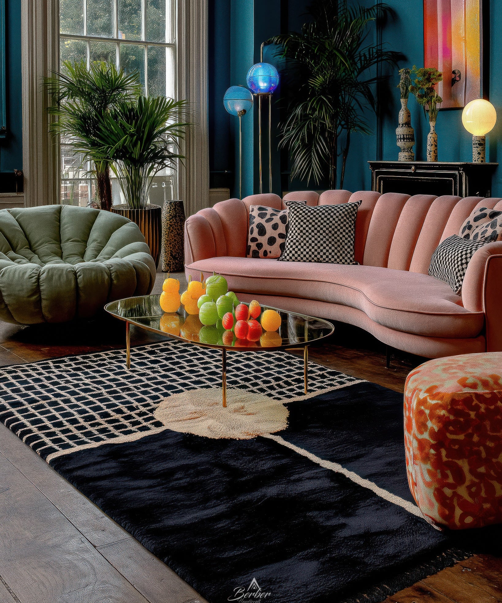 Black moroccan rug on a Modern living room with a pink sofa, green armchair, and colorful decor.