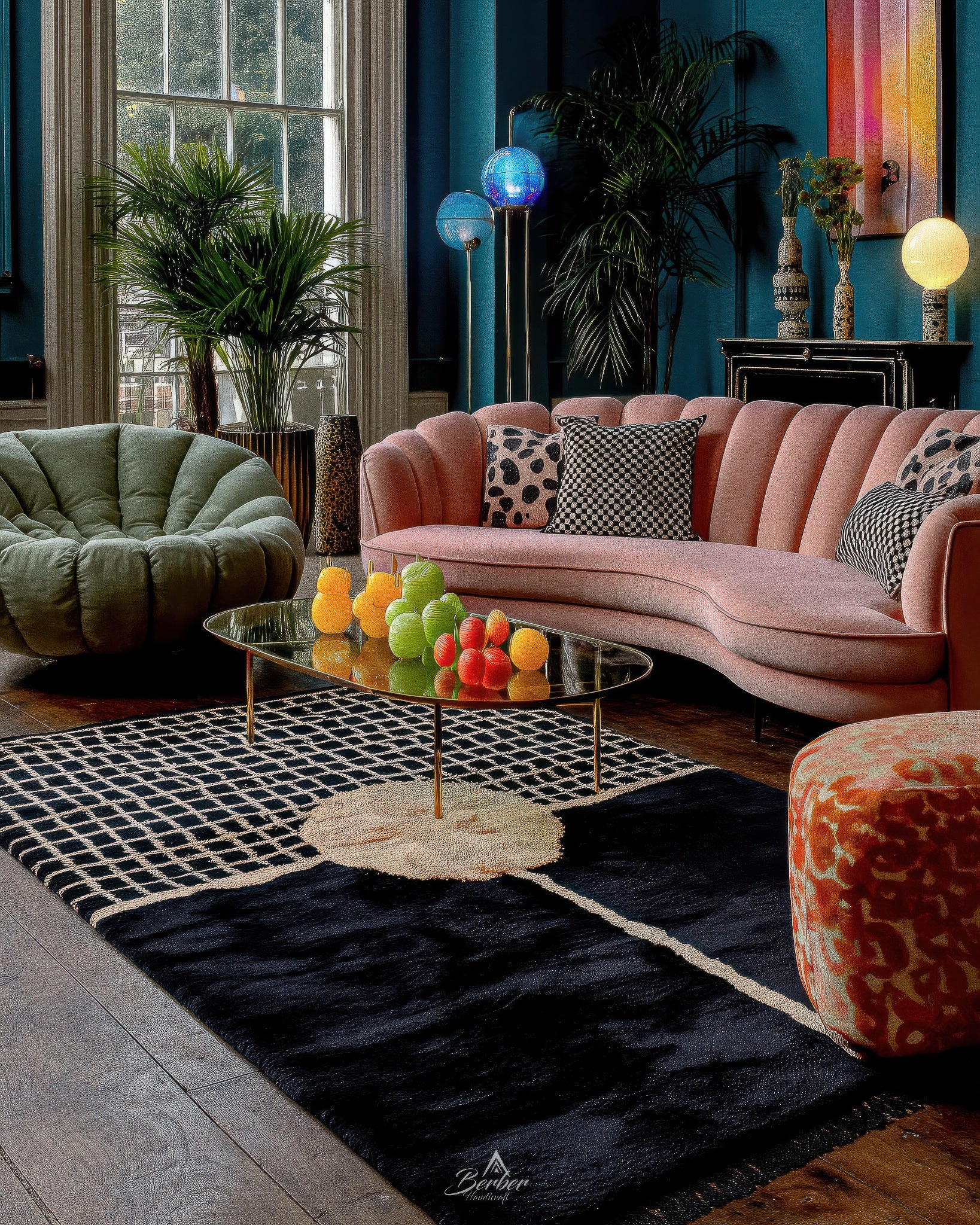 Black moroccan rug on a Modern living room with a pink sofa, green armchair, and colorful decor.