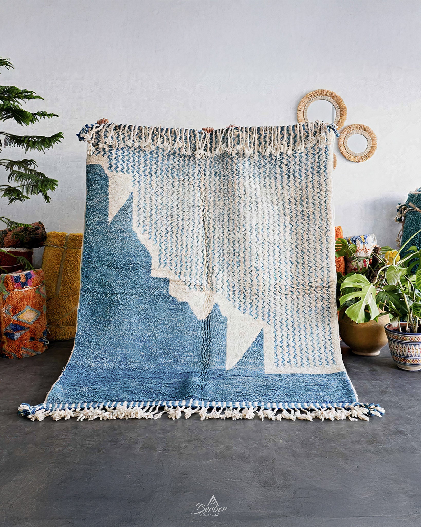 Moroccan Rug Blue 3 X 5 Ft | 90 X 150 Cm / With Tassels / Short (0.4” / 1 cm)
