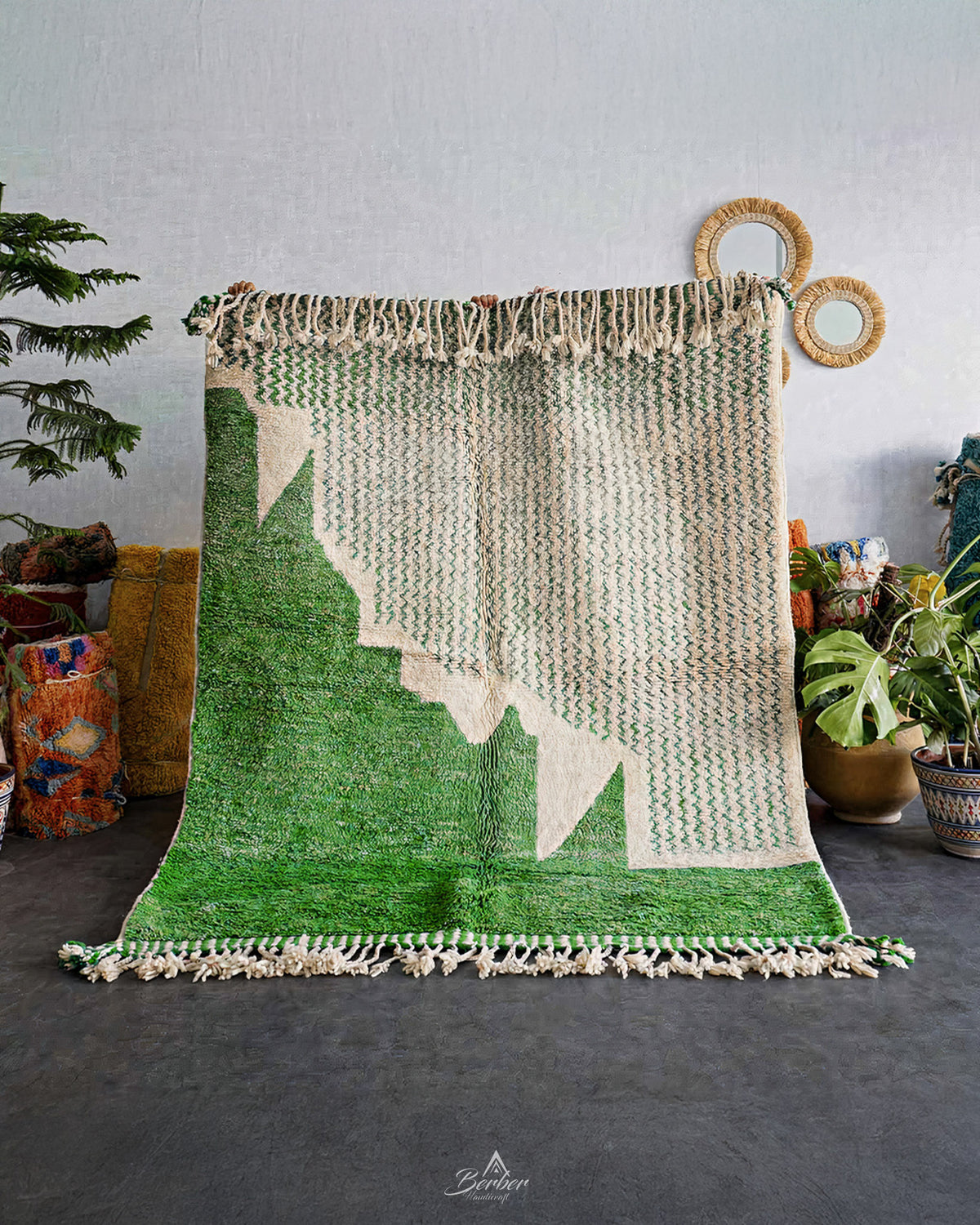Moroccan Rug Green 3 X 5 Ft | 90 X 150 Cm / With Tassels / Short (0.4” / 1 cm)
