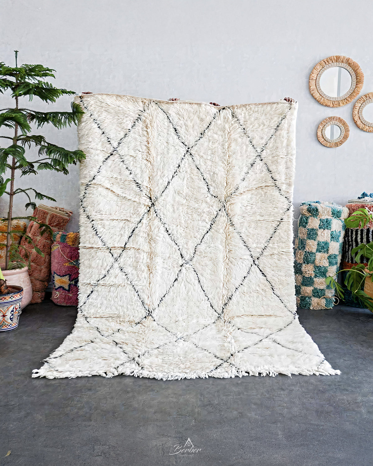 Moroccan Treillis Rug 3 X 5 Ft | 90 X 150 Cm / With Tassels / Short (0.4” / 1 cm)