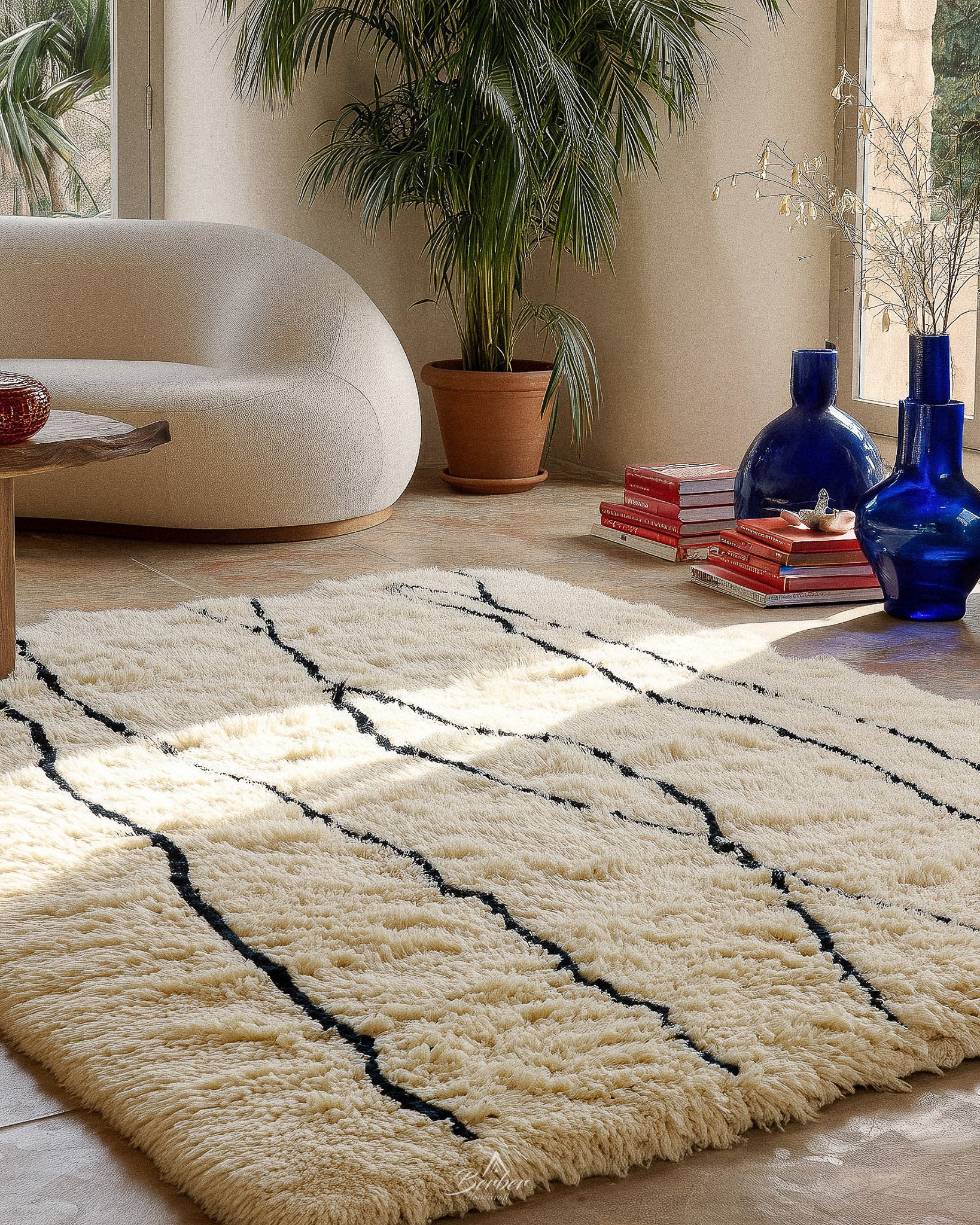 Minimalist Moroccan Rug 3 X 5 Ft | 90 X 150 Cm / With Tassels / Short (0.4” / 1 cm)