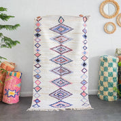 White blue Boucherouite rug-Berber Handicraft