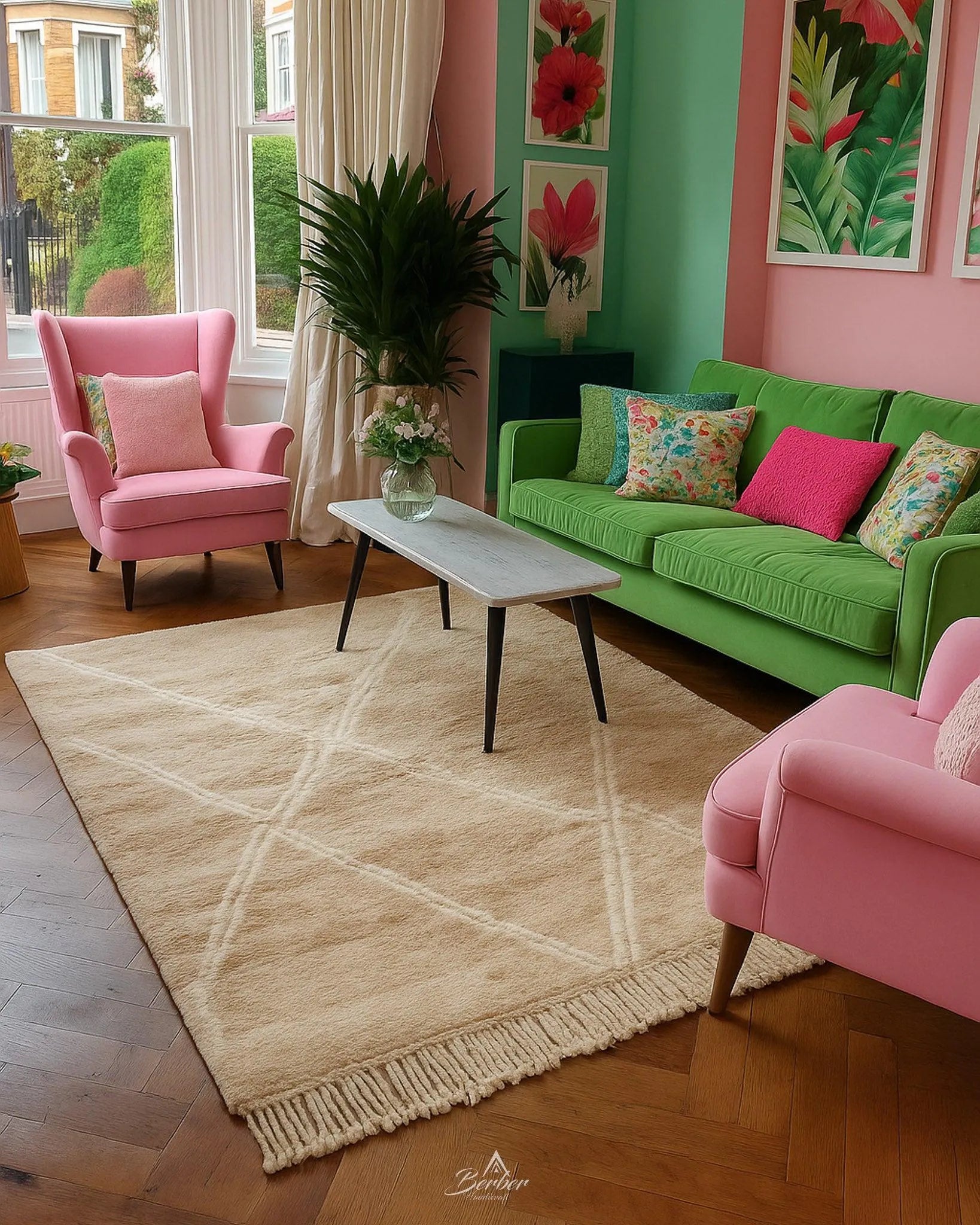 Neutral Berber Carpet 3 X 5 Ft | 90 X 150 Cm / With Tassels / Short (0.4” / 1 cm)