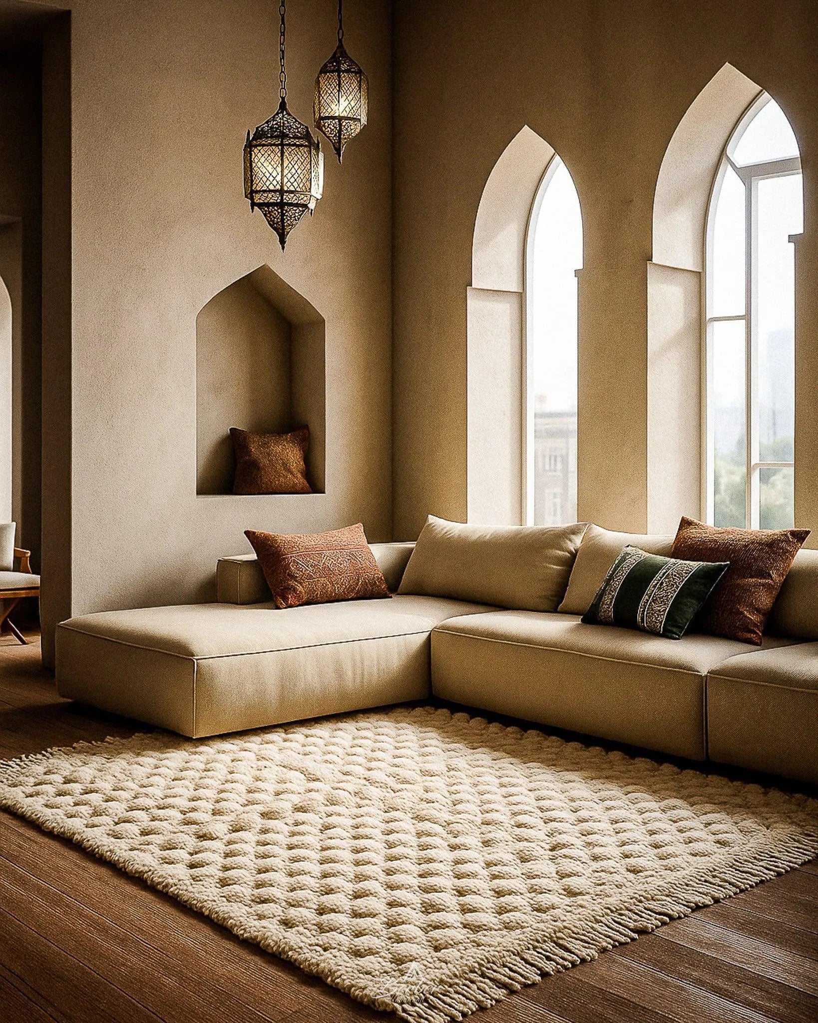 Off White Checkered Rug-Berber Handicraft