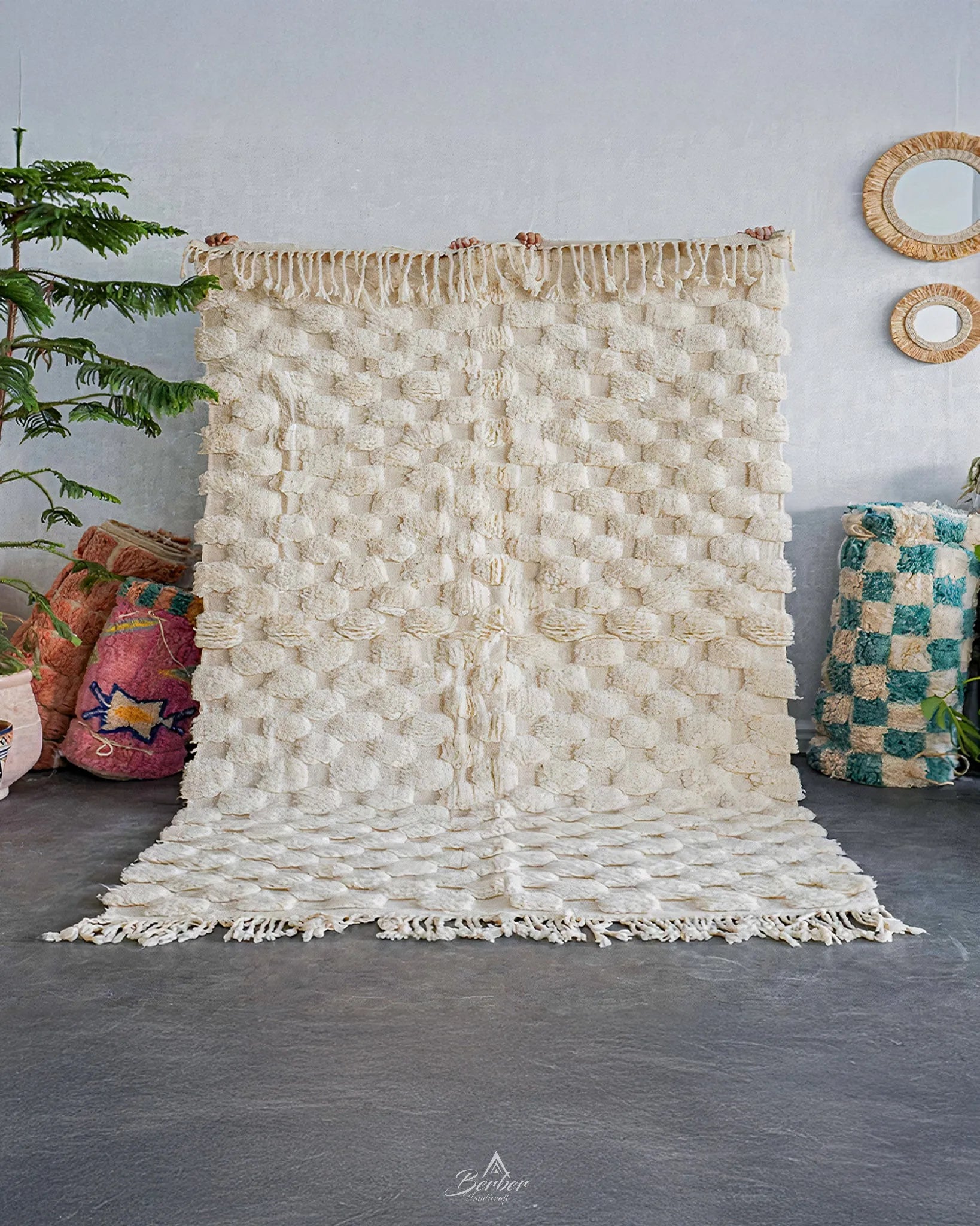Off White Checkered Rug-Berber Handicraft