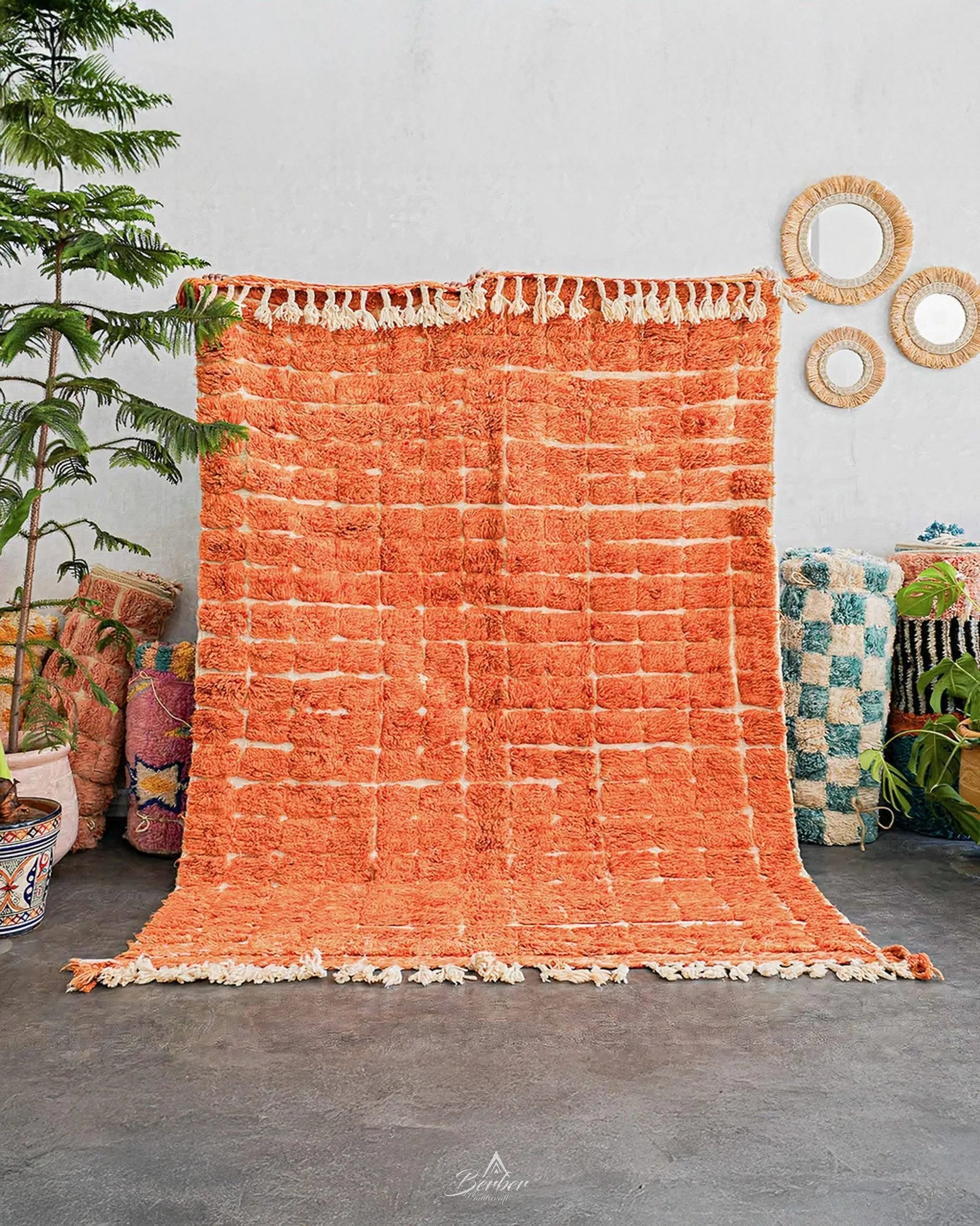 Orange Moroccan Rug 3 X 5 Ft | 90 X 150 Cm / With Tassels / Short (0.4” / 1 cm)