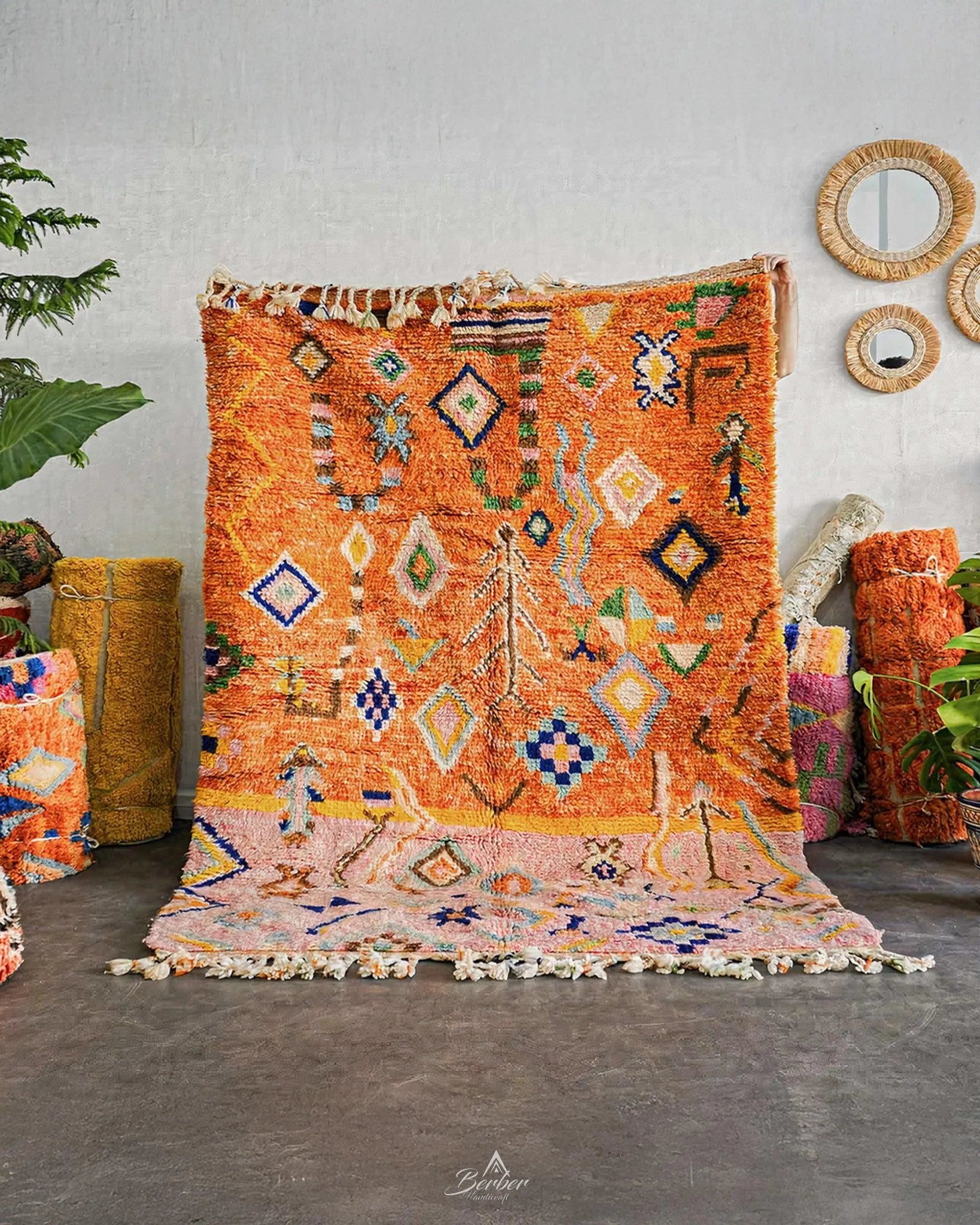 Orange Pink Moroccan Rug 3 X 5 Ft | 90 X 150 Cm / With Tassels / Short (0.4” / 1 cm)