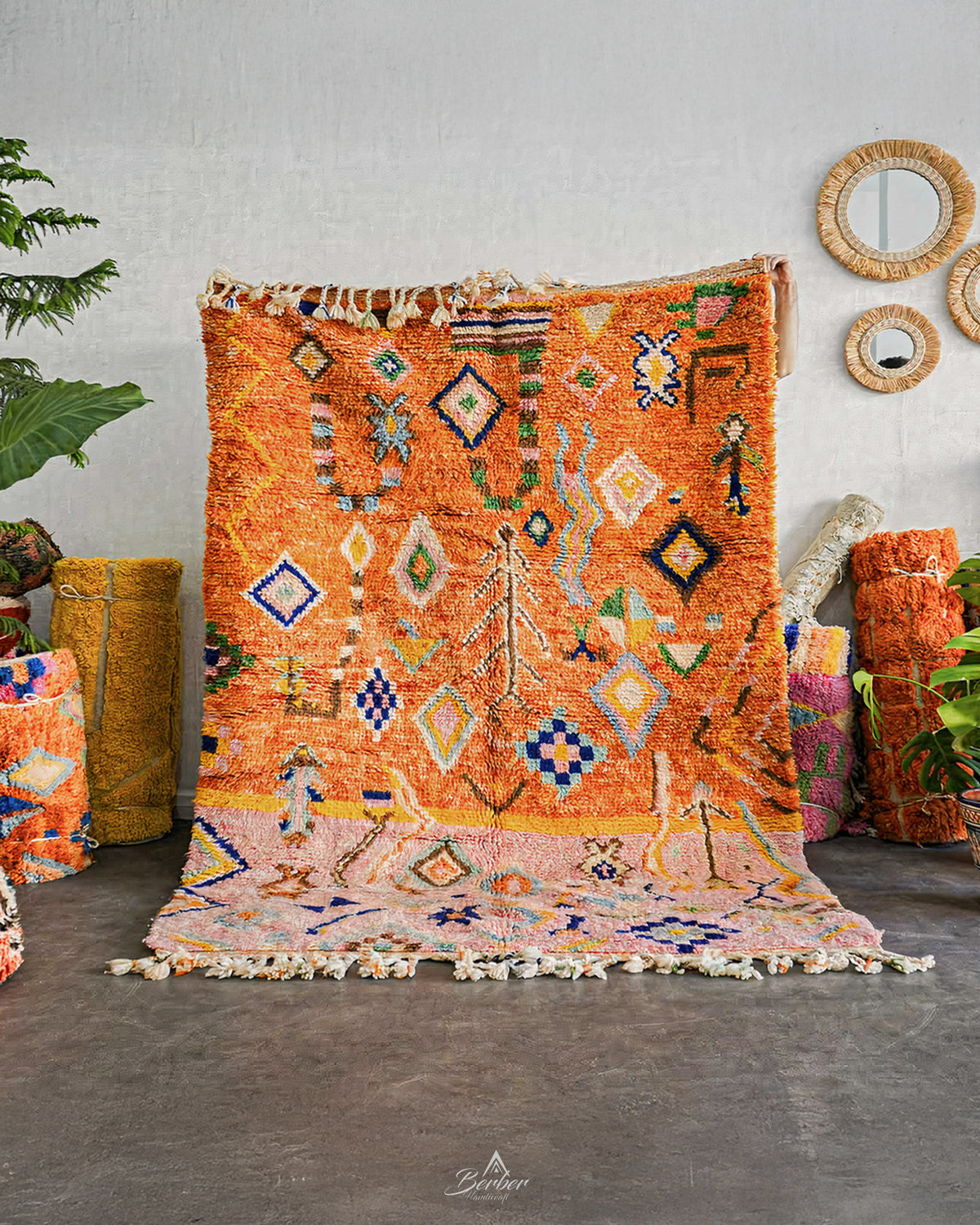 Orange Pink Moroccan Rug 3 X 5 Ft | 90 X 150 Cm / With Tassels / Short (0.4” / 1 cm)
