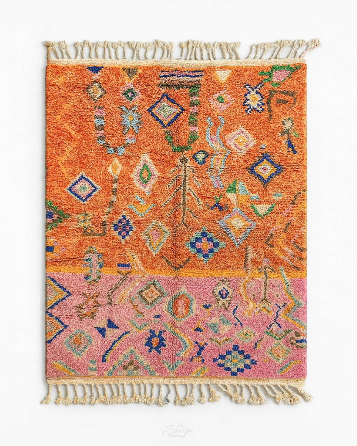 Orange Pink Moroccan Rug 3 X 5 Ft | 90 X 150 Cm / With Tassels / Short (0.4” / 1 cm)