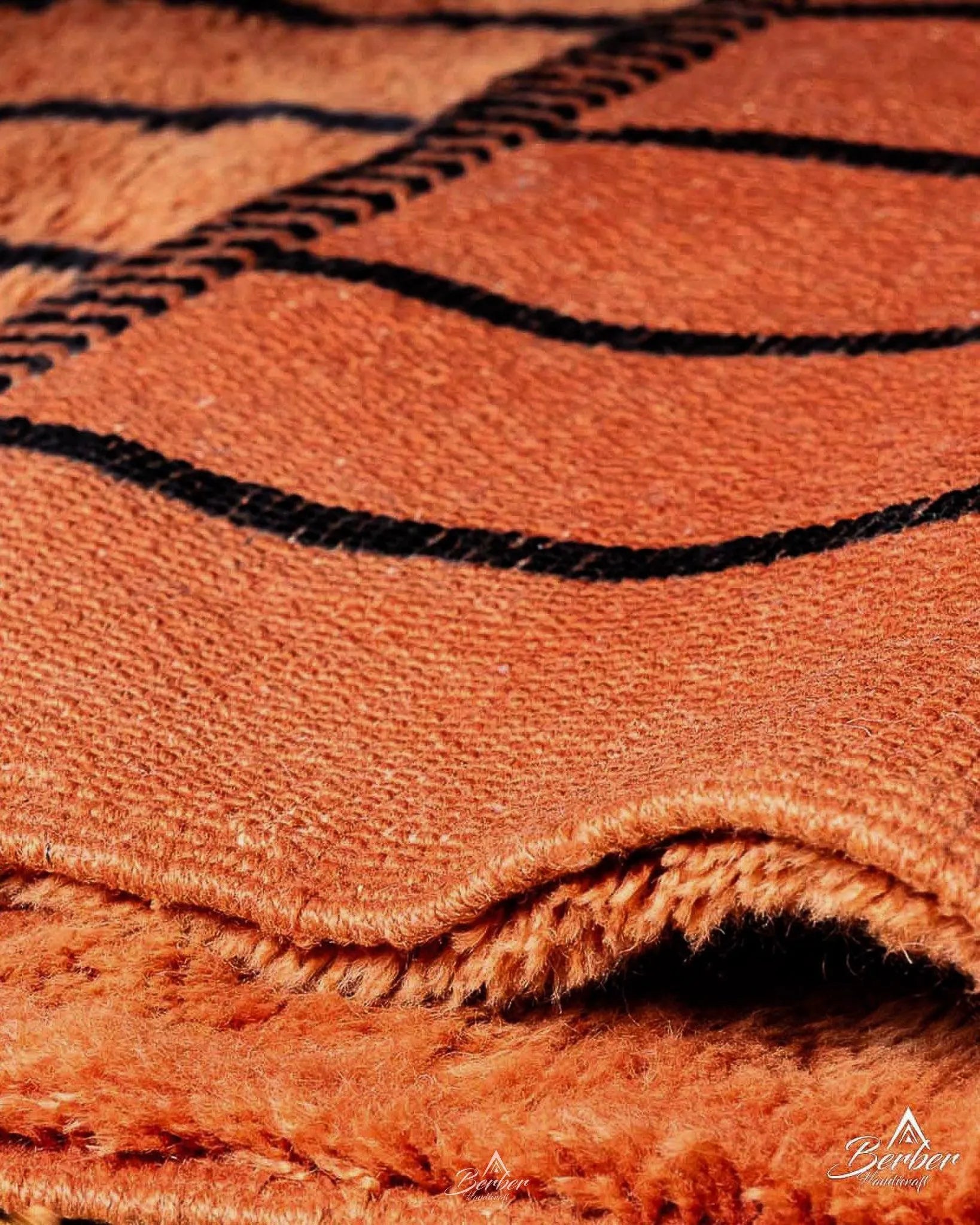 Orange and Black Berber Rug 3 X 5 Ft | 90 X 150 Cm / With Tassels / Short (0.4” / 1 cm)