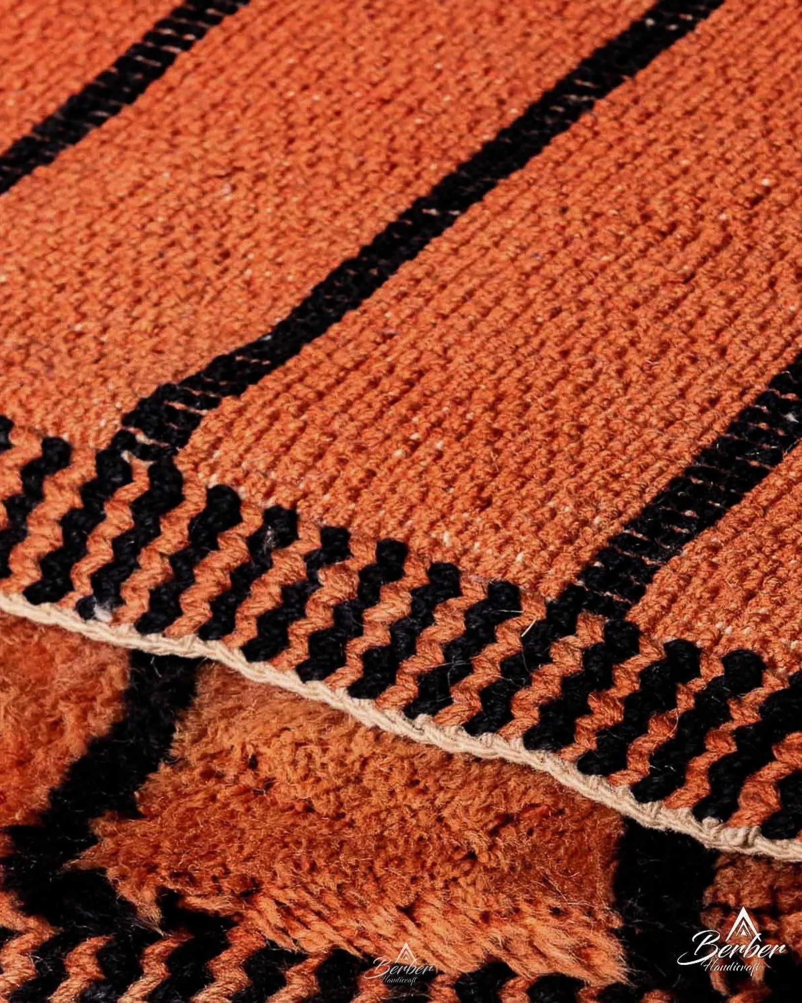 Orange and Black Berber Rug 3 X 5 Ft | 90 X 150 Cm / With Tassels / Short (0.4” / 1 cm)