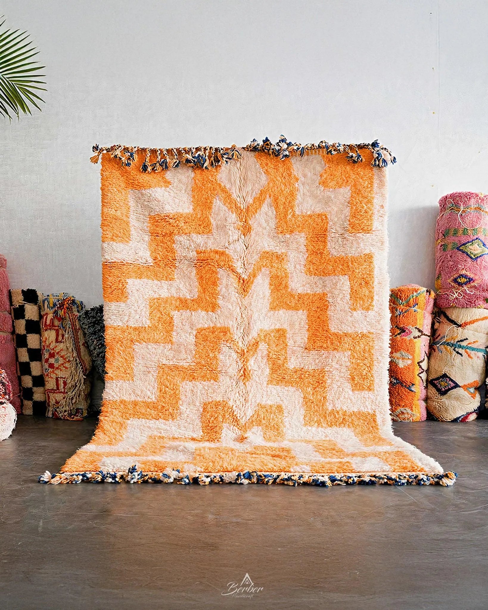 Orange and White Patterned Rug 3 X 5 Ft | 90 X 150 Cm / With Tassels / Short (0.4” / 1 cm)