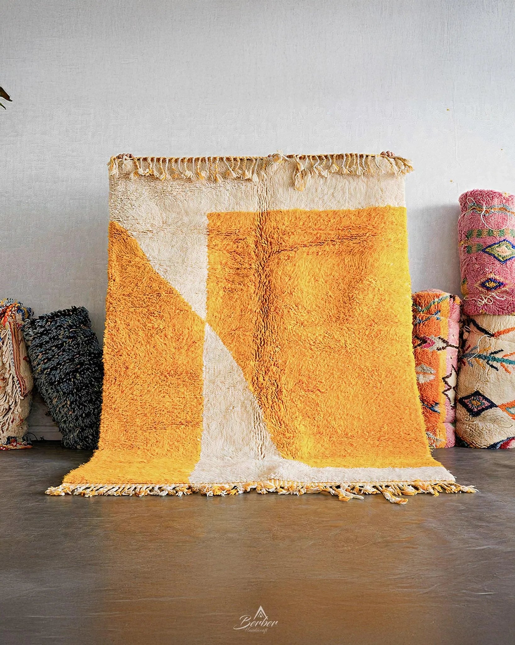 Orange and White Wool Rug-Berber Handicraft