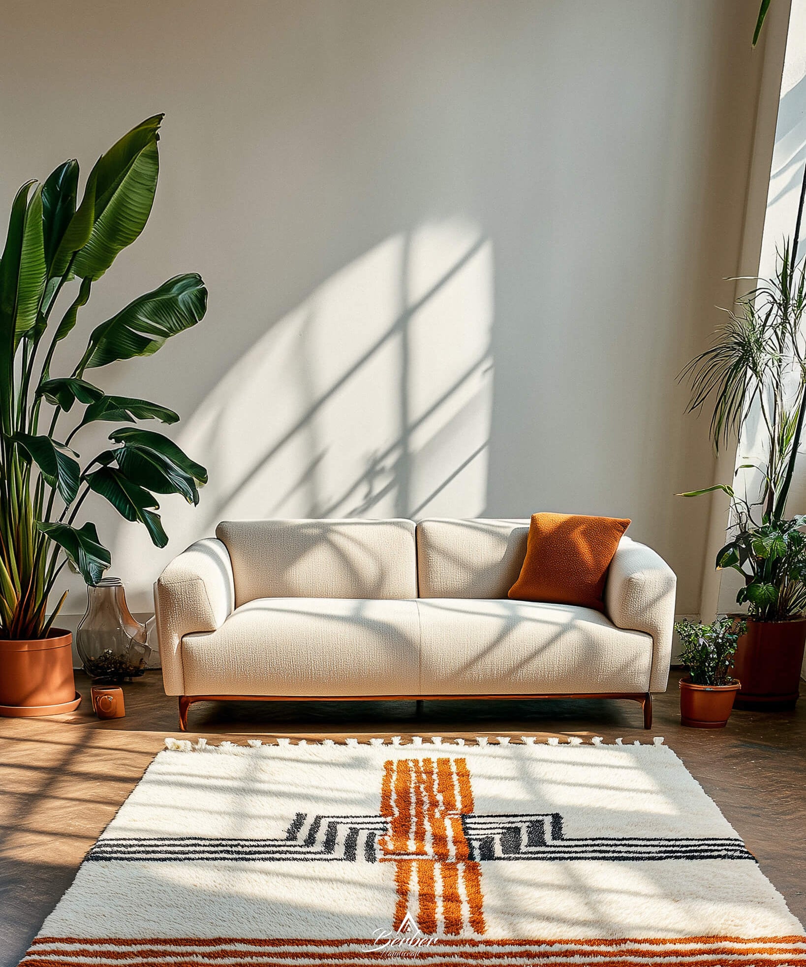 Beige sofa with orange pillow on a striped orange Moroccan rug in a sunlit room with plants.